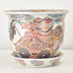 Antique Japanese Porcelain Planter with Saucer, Hand-Painted Scene, Meiji Period