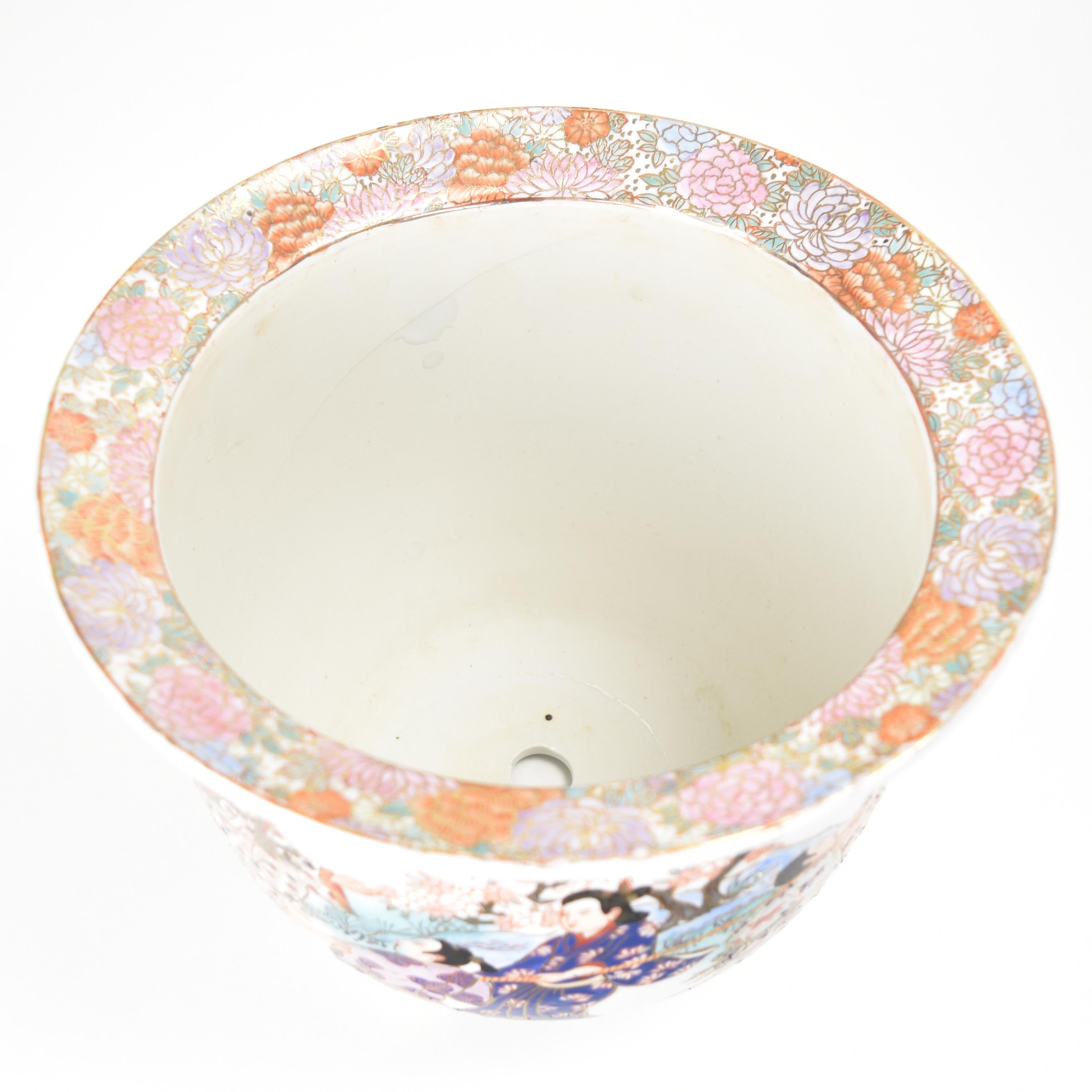 Jardinière et soucoupe japonaise ancienne, scène peinte à la main, période Meiji en vente 1