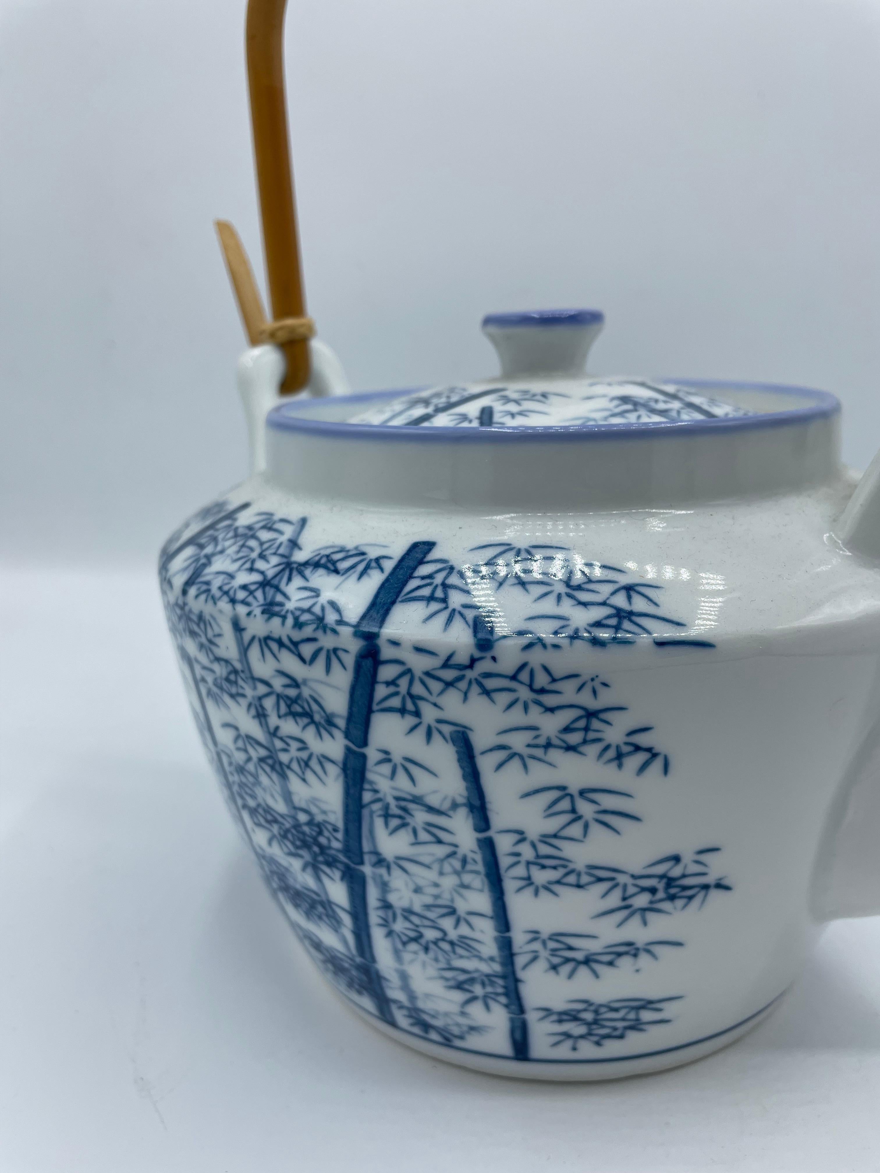 Hand-Painted Antique Japanese Porcelain Tea Pot Bamboo 1960 For Sale