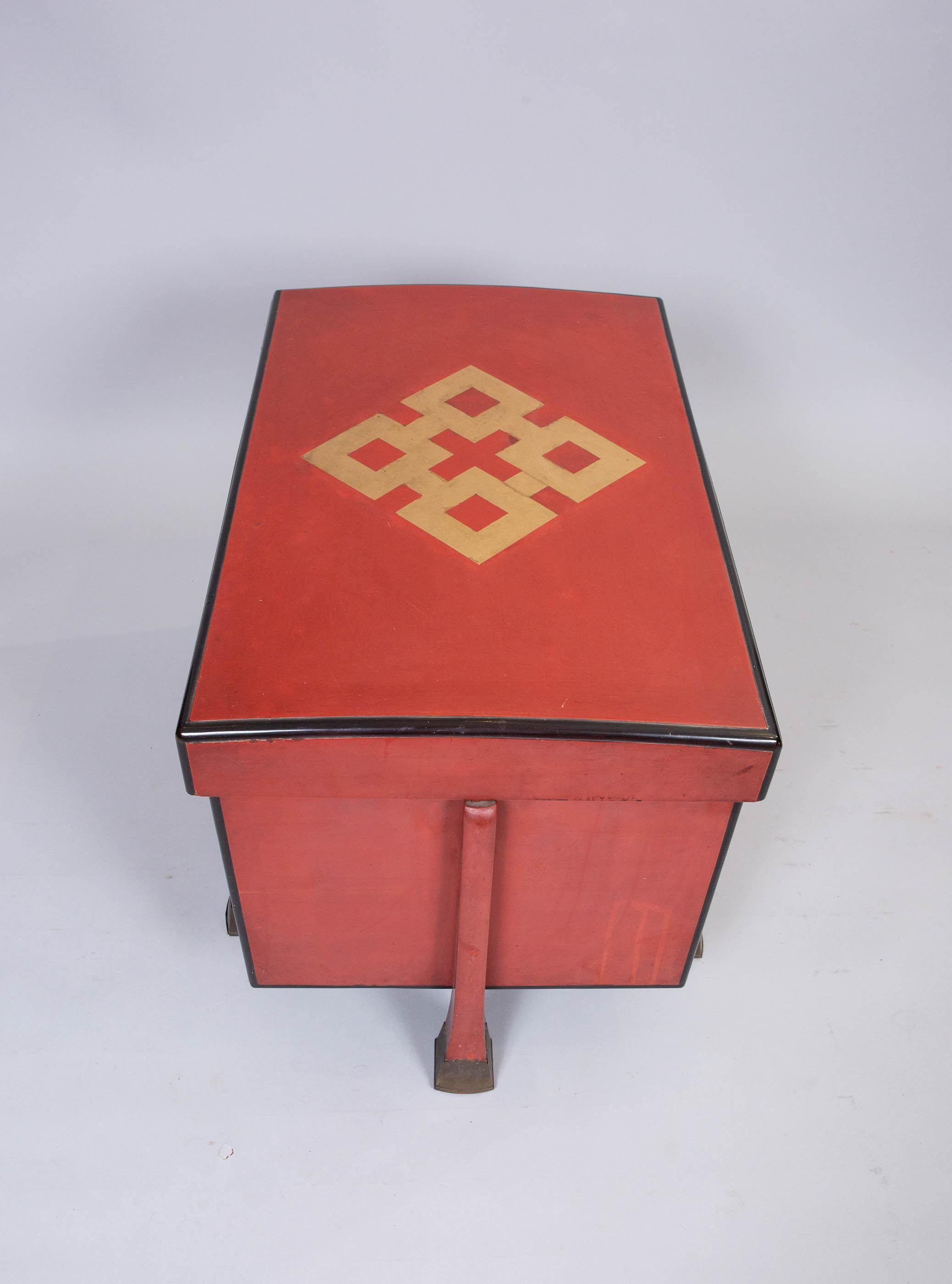 Antique Japanese Red Lacquer Armor Box In Good Condition For Sale In Hudson, NY