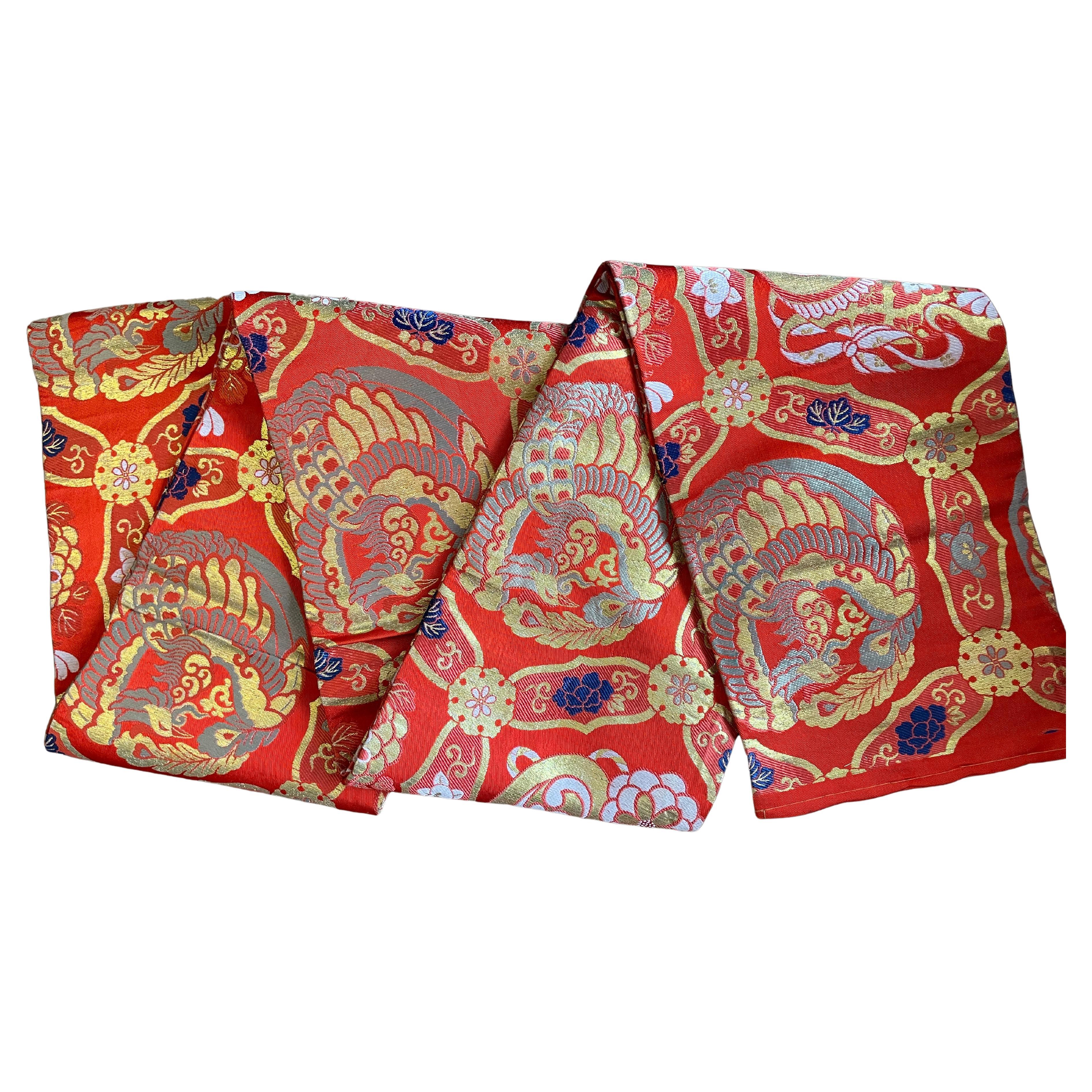 Antique Japanese Red Silk Half Belt 'Hanhaba obi', 1960s