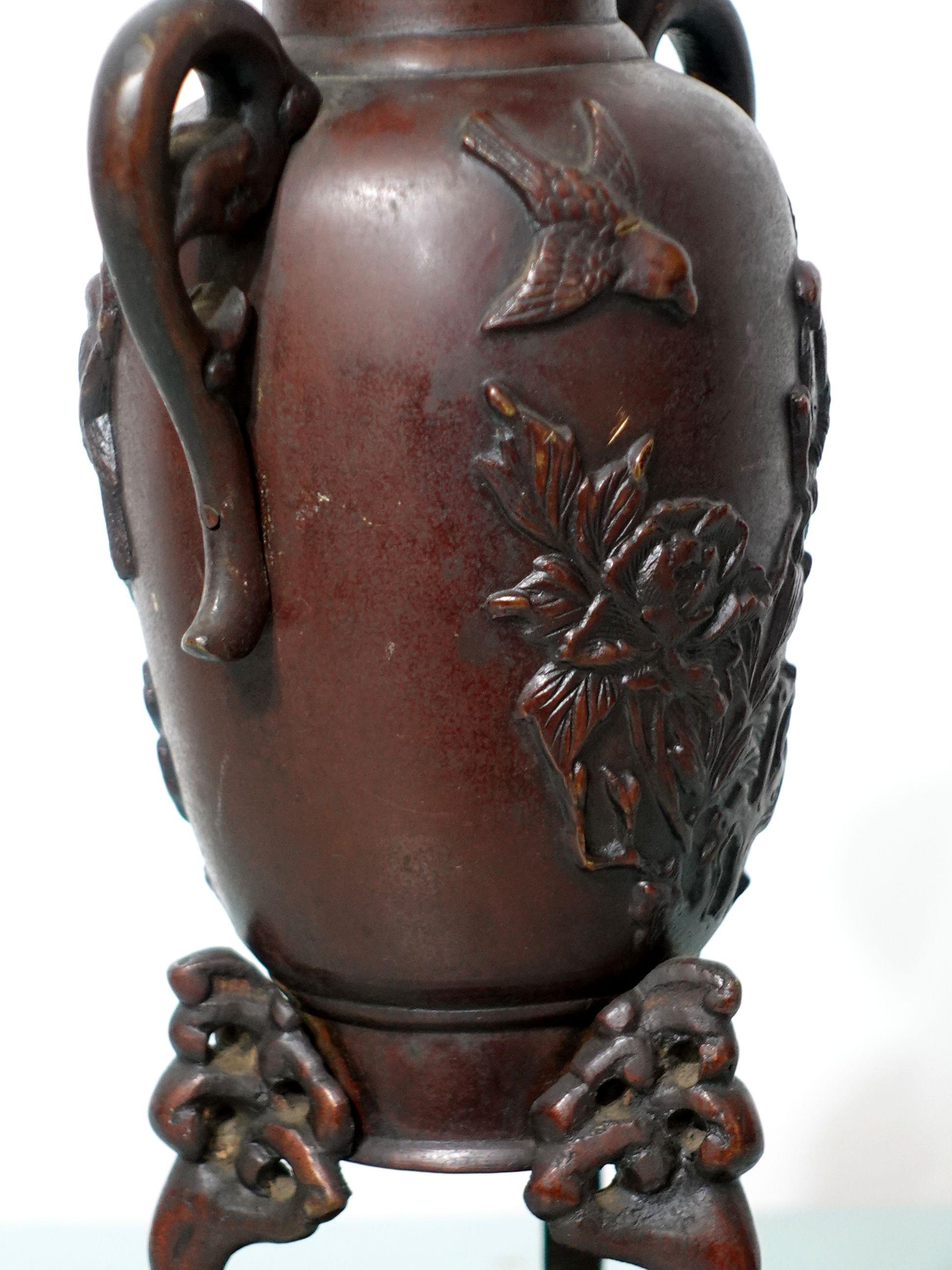 Hand-Carved Antique Japanese Relief Sculptural Bronze Floral Vase For Sale