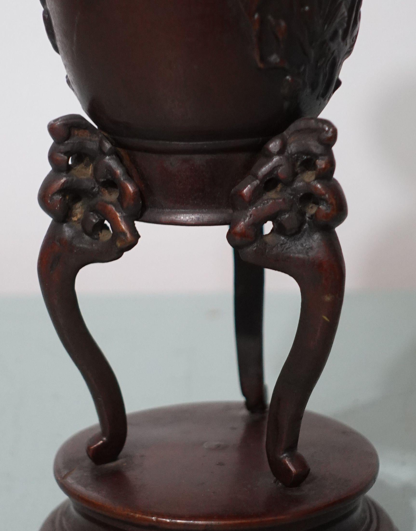 Antique Japanese Relief Sculptural Bronze Floral Vase In Good Condition For Sale In Norton, MA