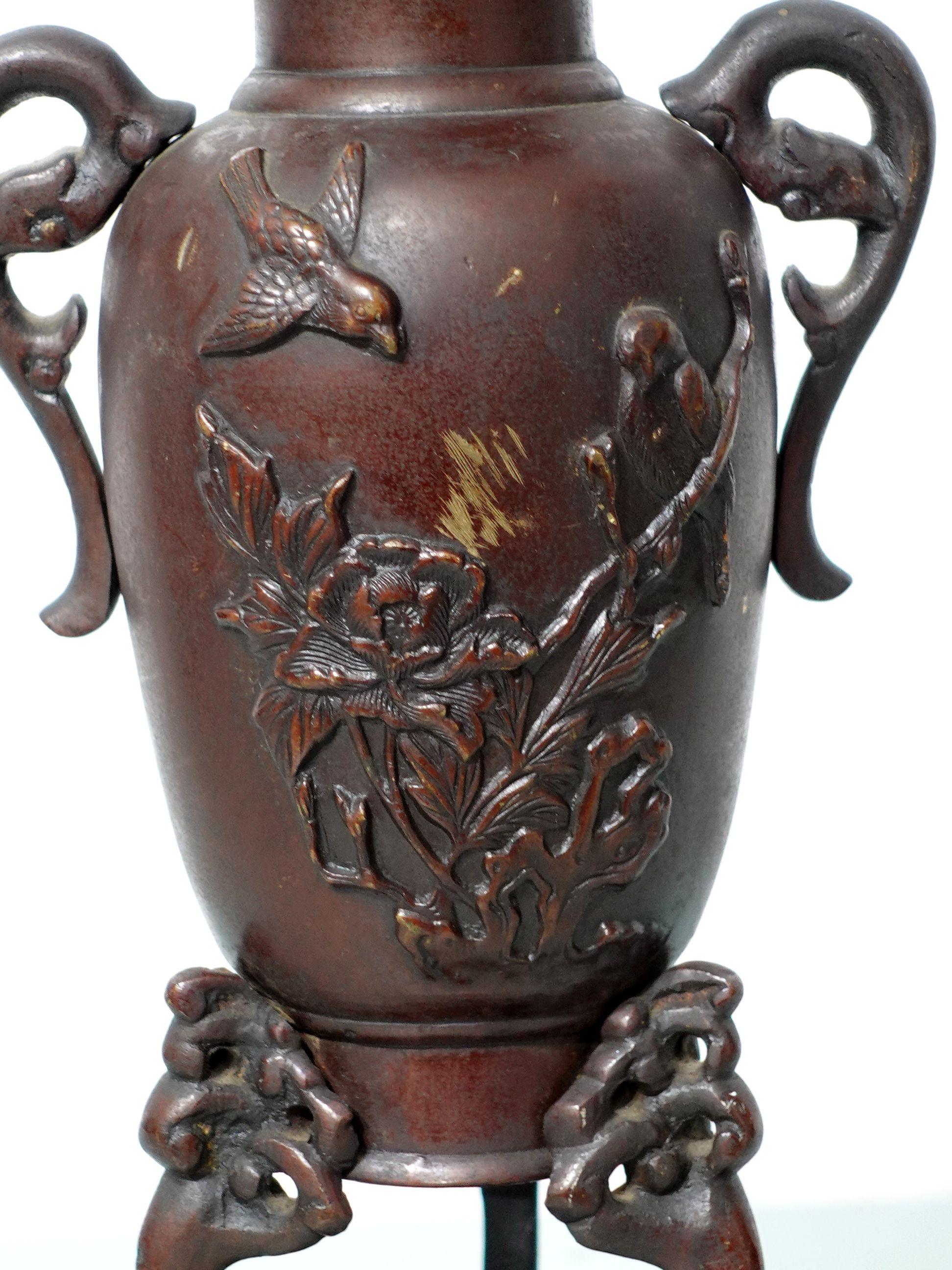 19th Century Antique Japanese Relief Sculptural Bronze Floral Vase For Sale