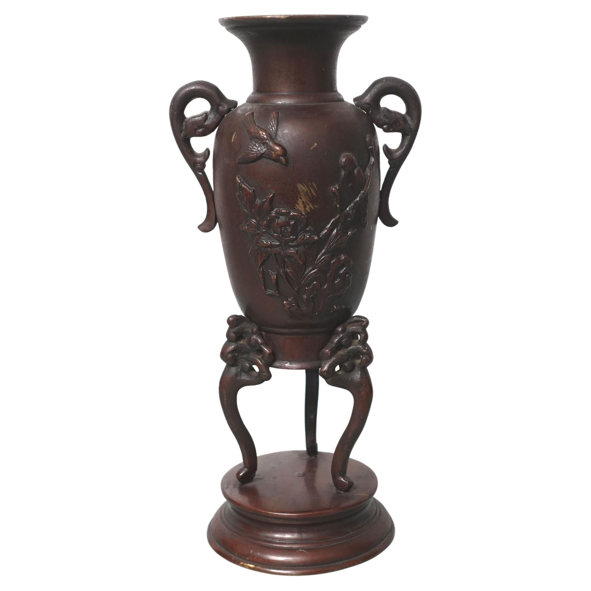 Antique Japanese Relief Sculptural Bronze Floral Vase