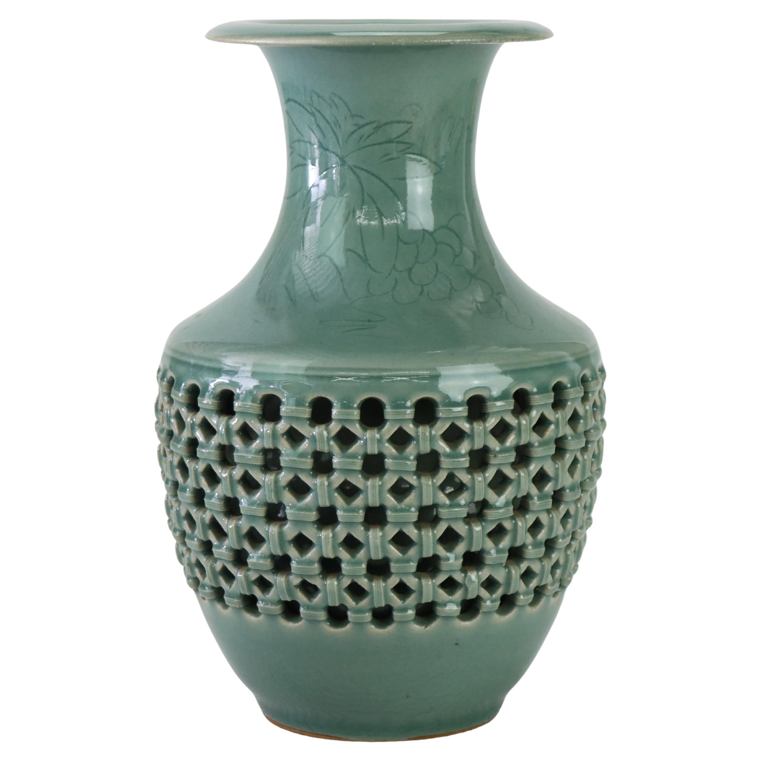 Antique Japanese Reticulated Celadon Pottery Vase Signed C1920 For Sale