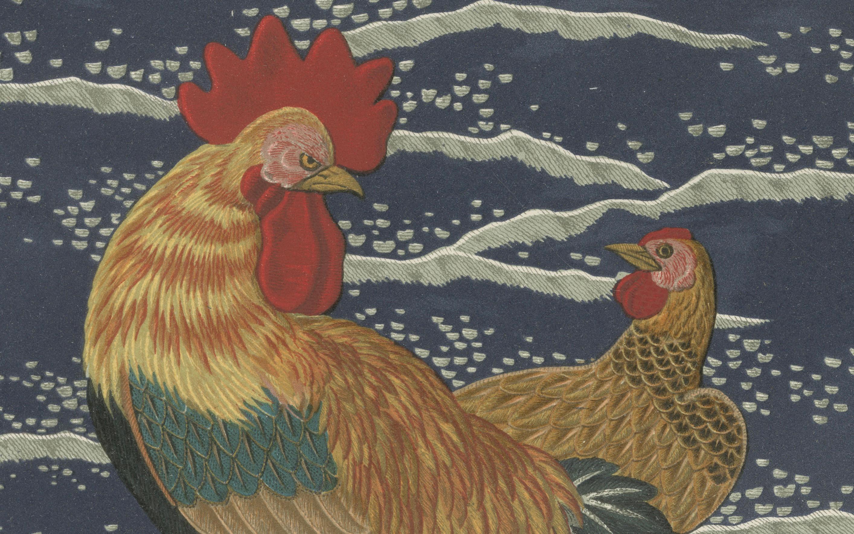 Antiker japanischer Hahn- und Hen-Druck: Symbolische Schönheit, 19. Jahrhundert (Spätes 19. Jahrhundert) im Angebot