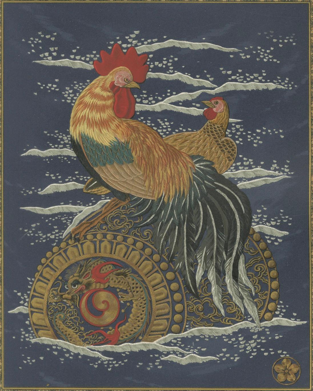 Antiker japanischer Hahn- und Hen-Druck: Symbolische Schönheit, 19. Jahrhundert im Angebot 1