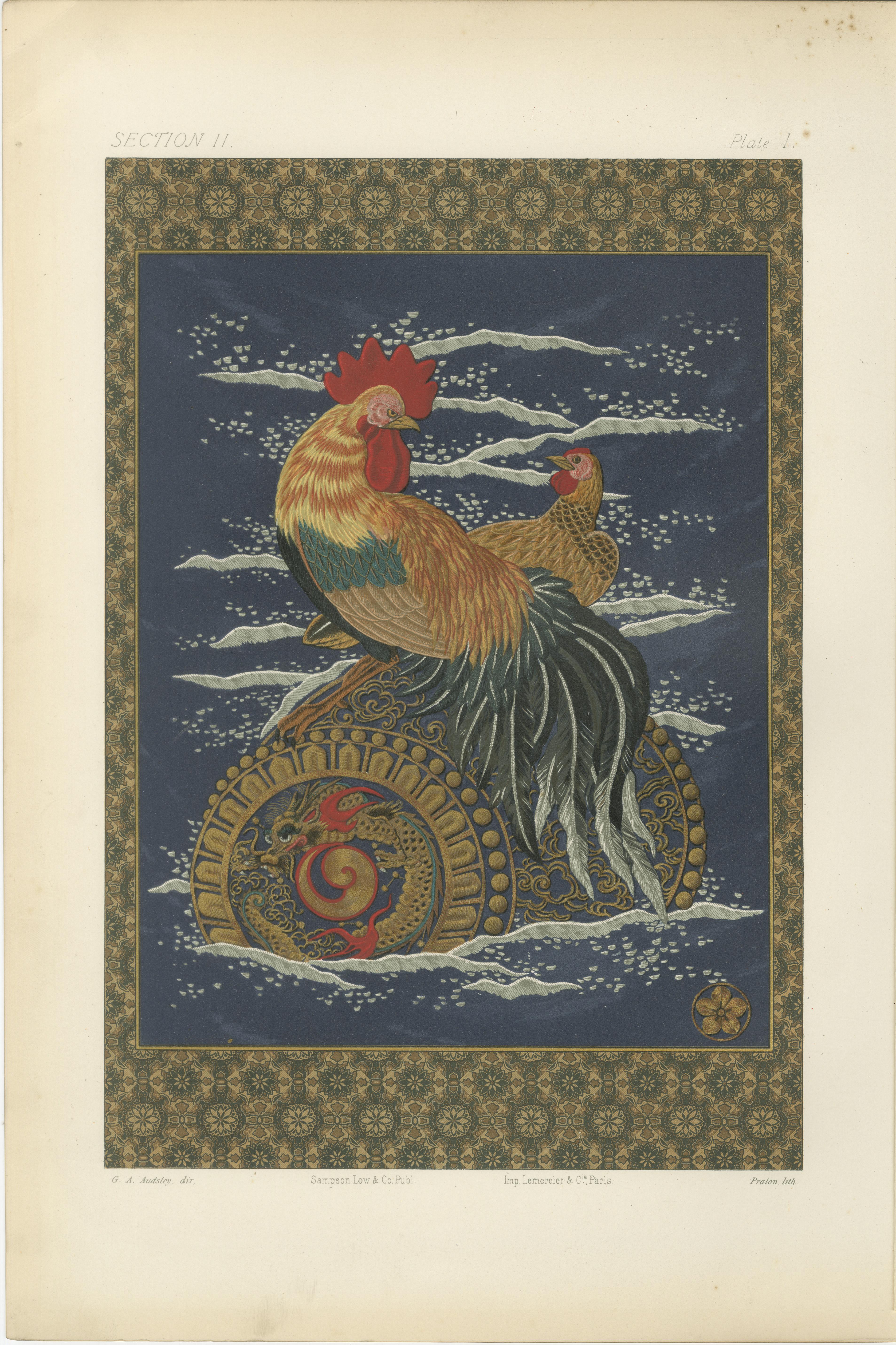 Antiker japanischer Hahn- und Hen-Druck: Symbolische Schönheit, 19. Jahrhundert im Angebot 3
