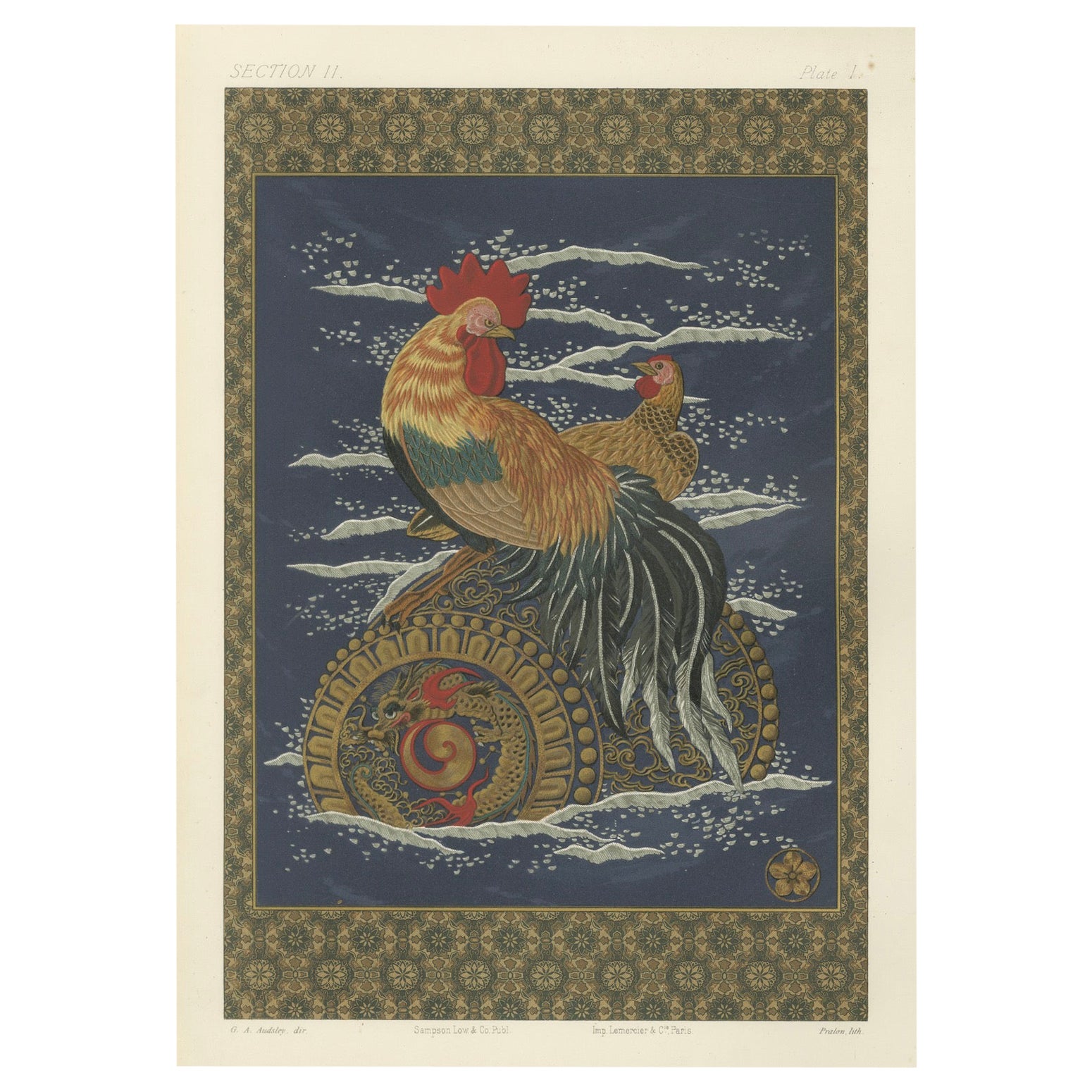 Stampa antica giapponese di gallo e gallina: Bellezza simbolica, XIX secolo