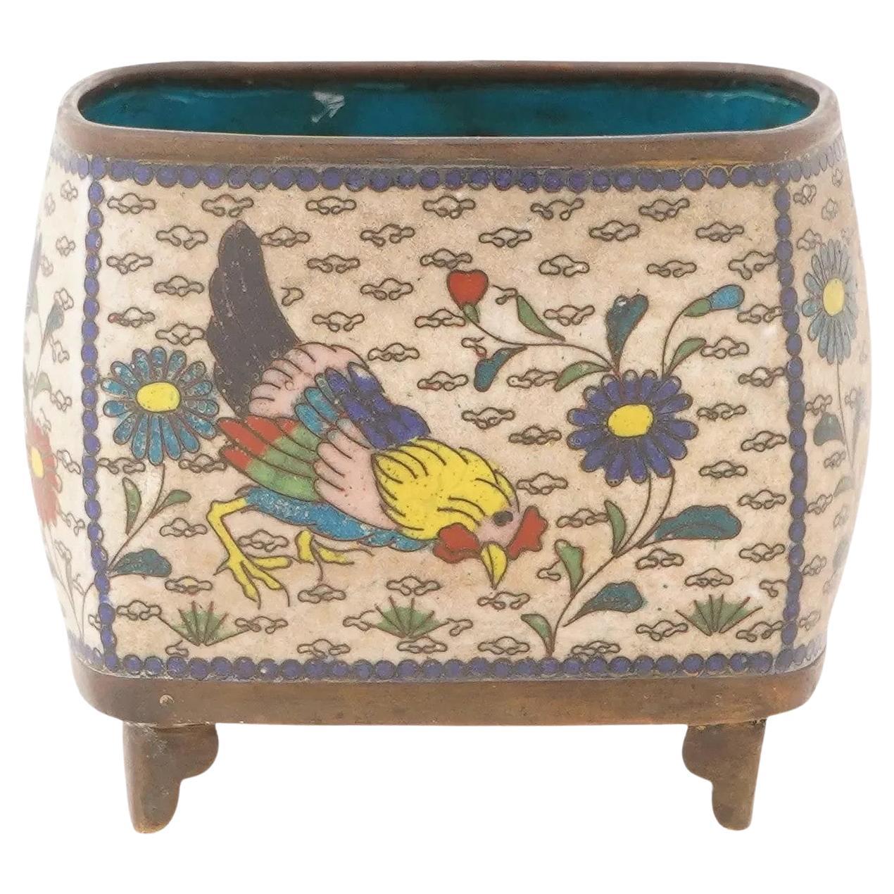 Antique Japanese Rooster Cloisonné Enamel Planter For Sale
