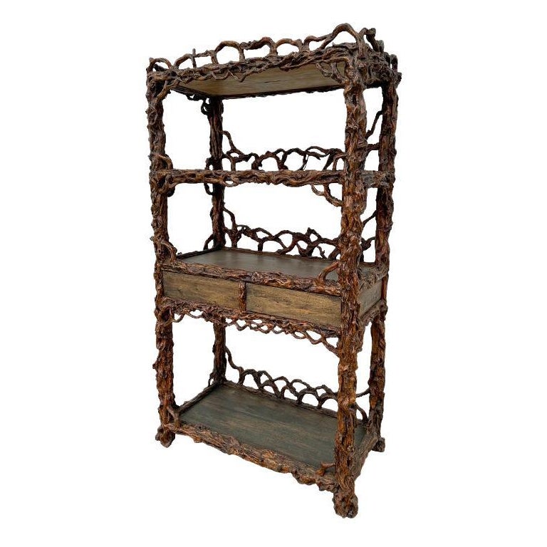 Antique Japanese Root Shelf Display with Drawers