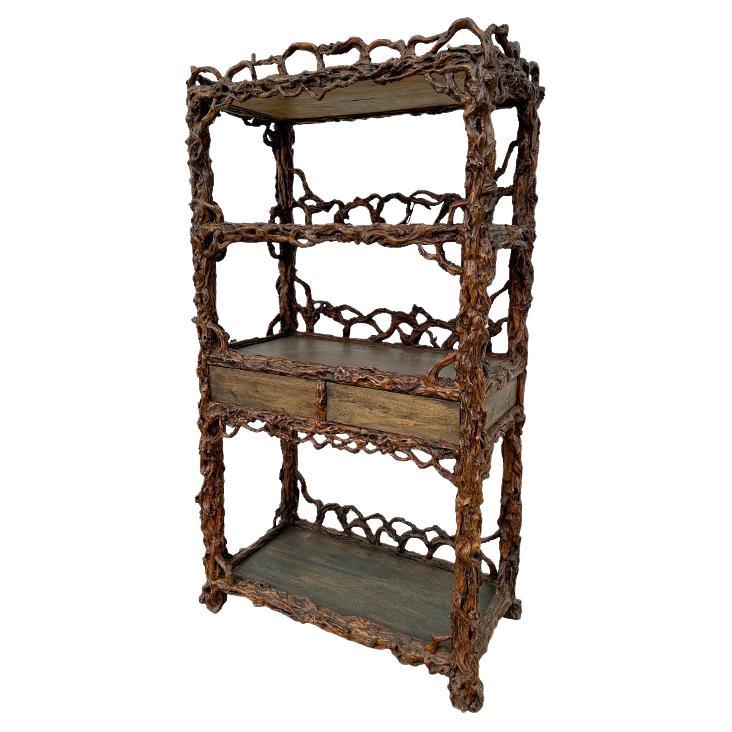 Antique Japanese Root Shelf Display with Drawers