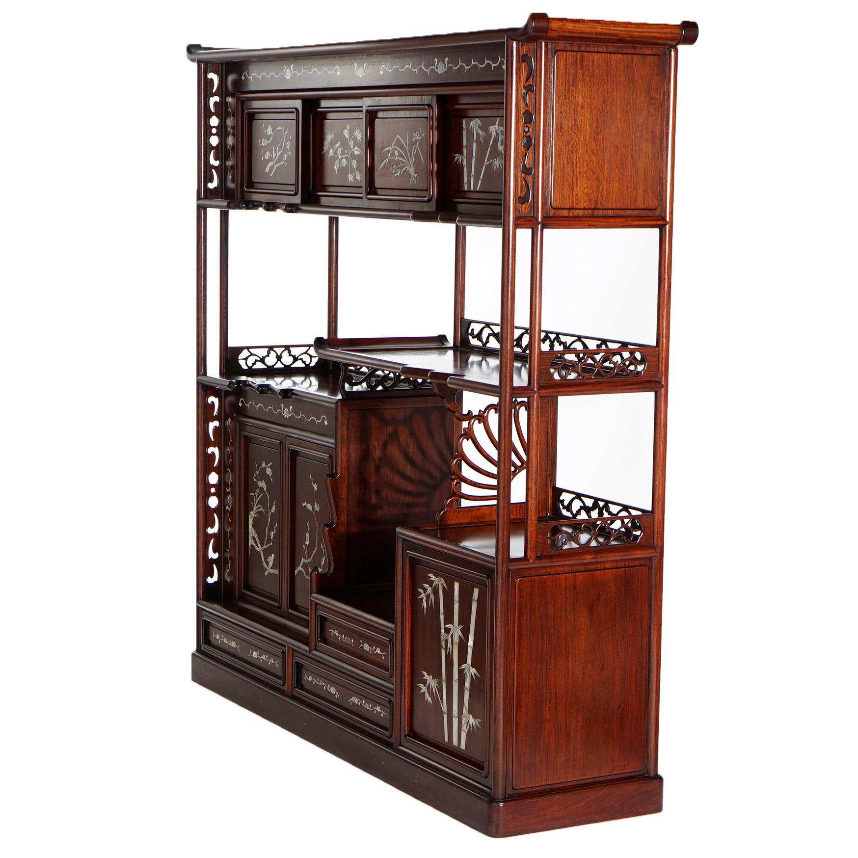 Antique Japanese Rosewood & Mohogany Mother of Pearl Inlaid Tansu, C1920 In Good Condition In Big Flats, NY