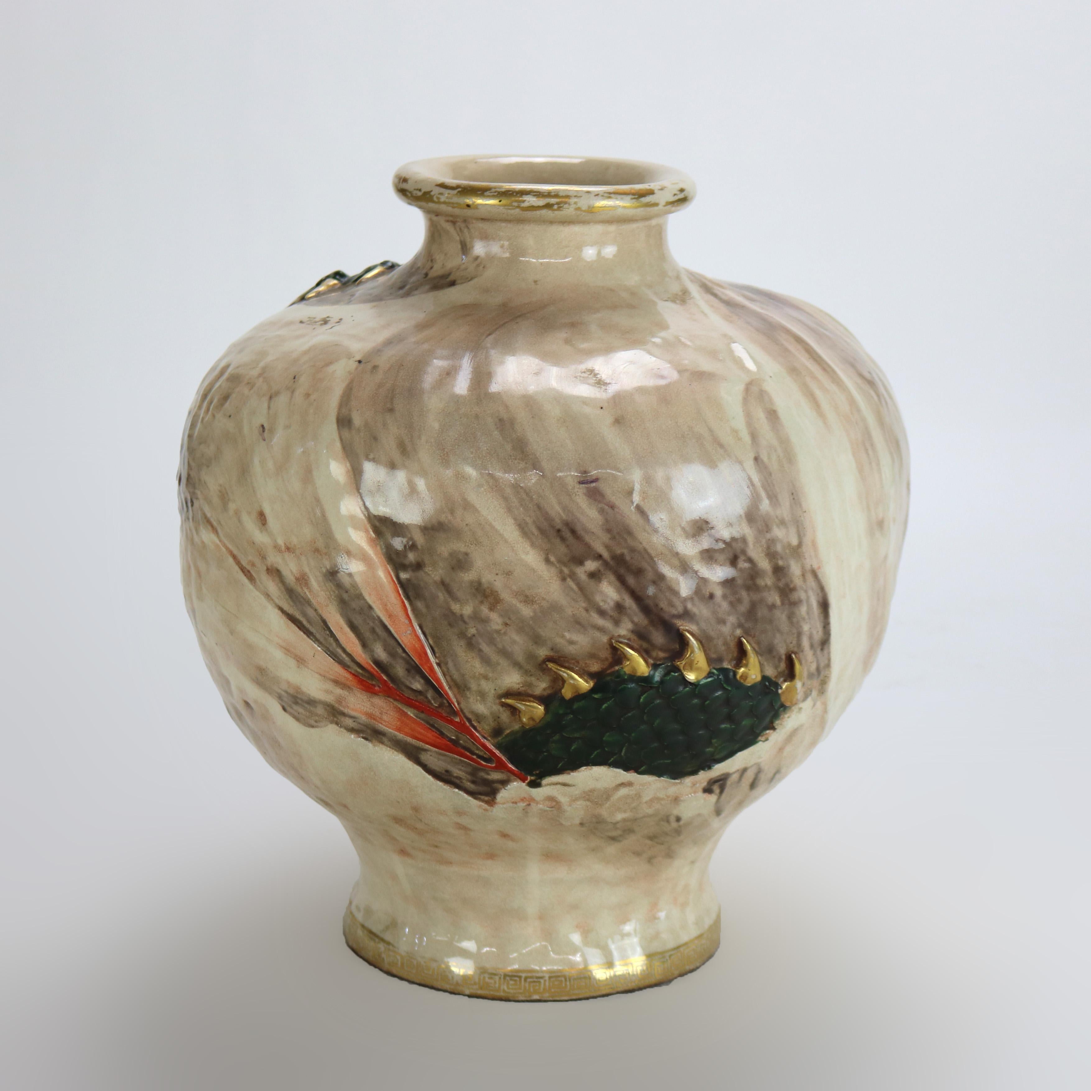 Antique Japanese Satsuma Carved and Relief Pottery Dragon Vase Signed C1920

Measures - 13