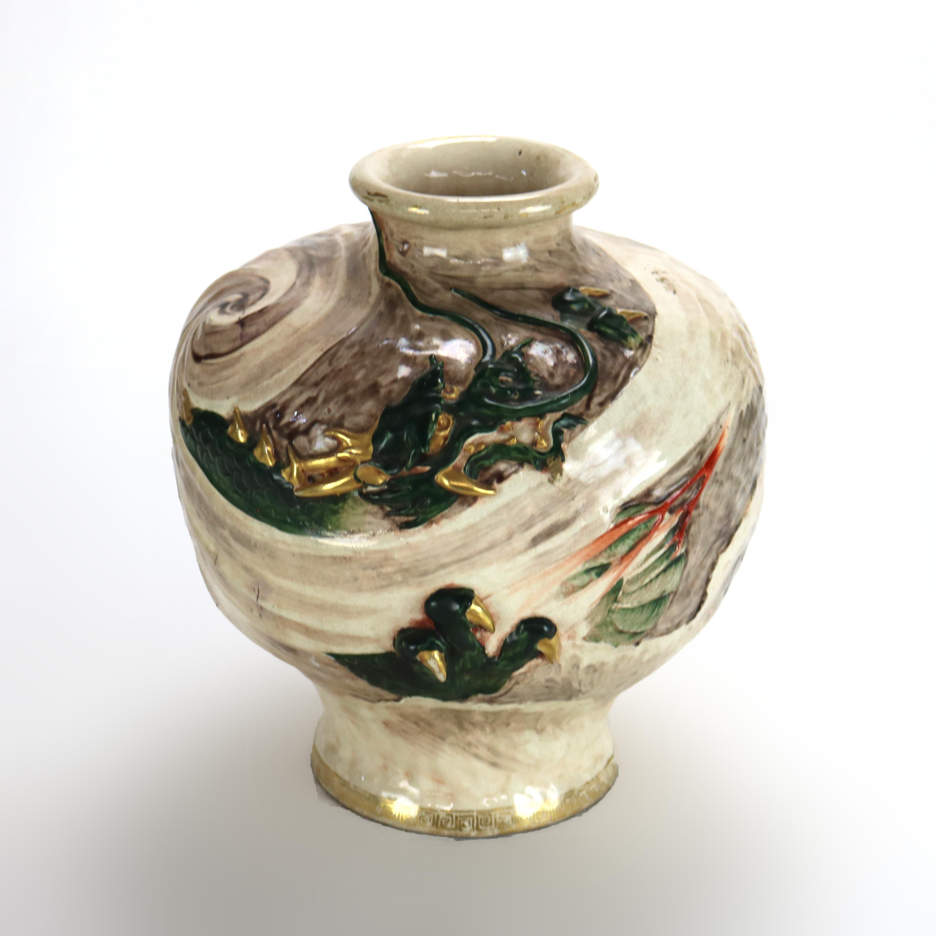 Antique Japanese Satsuma Carved in Relief Parcel Gilt Pottery Dragon Vase C1920 In Good Condition In Big Flats, NY