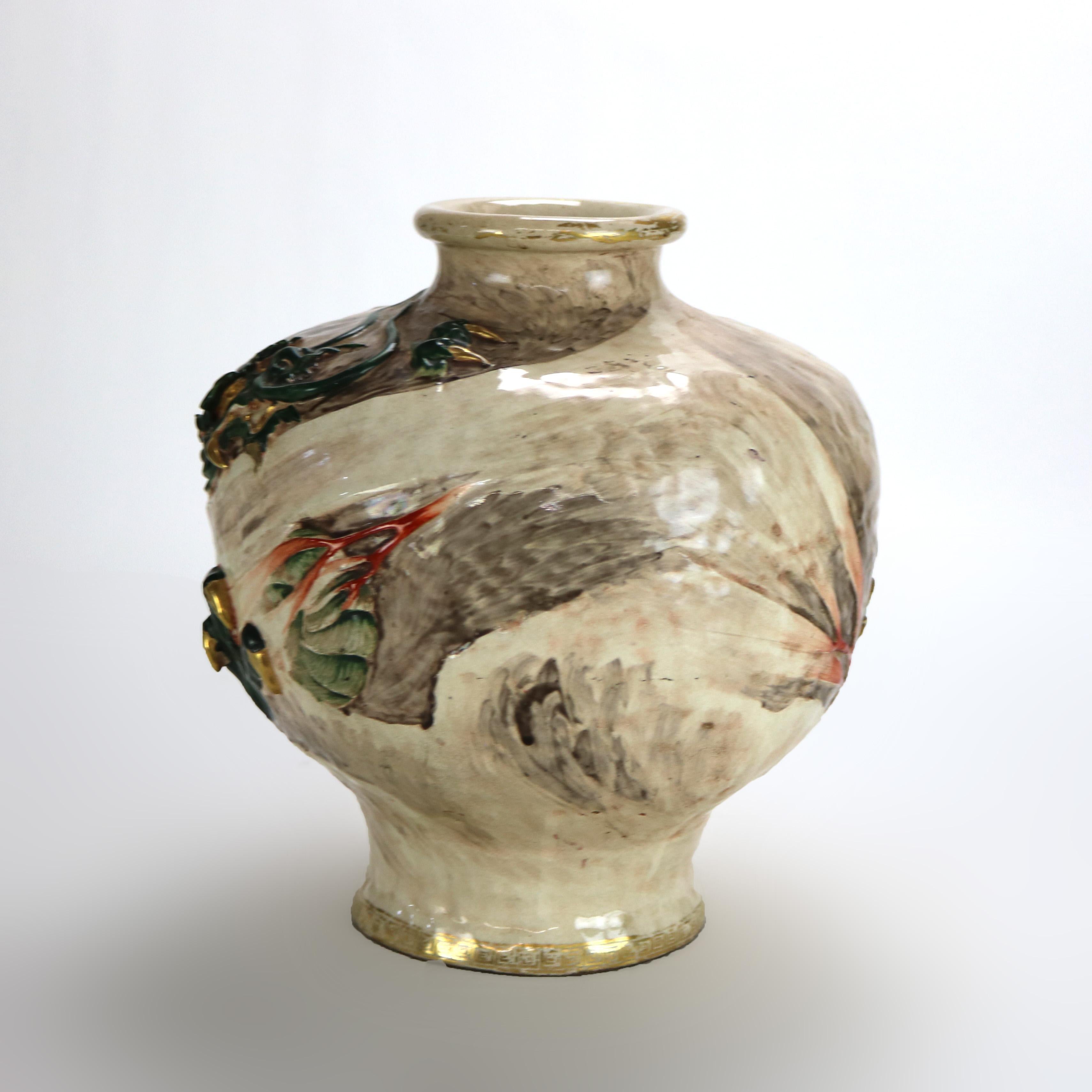 20th Century Antique Japanese Satsuma Carved in Relief Parcel Gilt Pottery Dragon Vase C1920