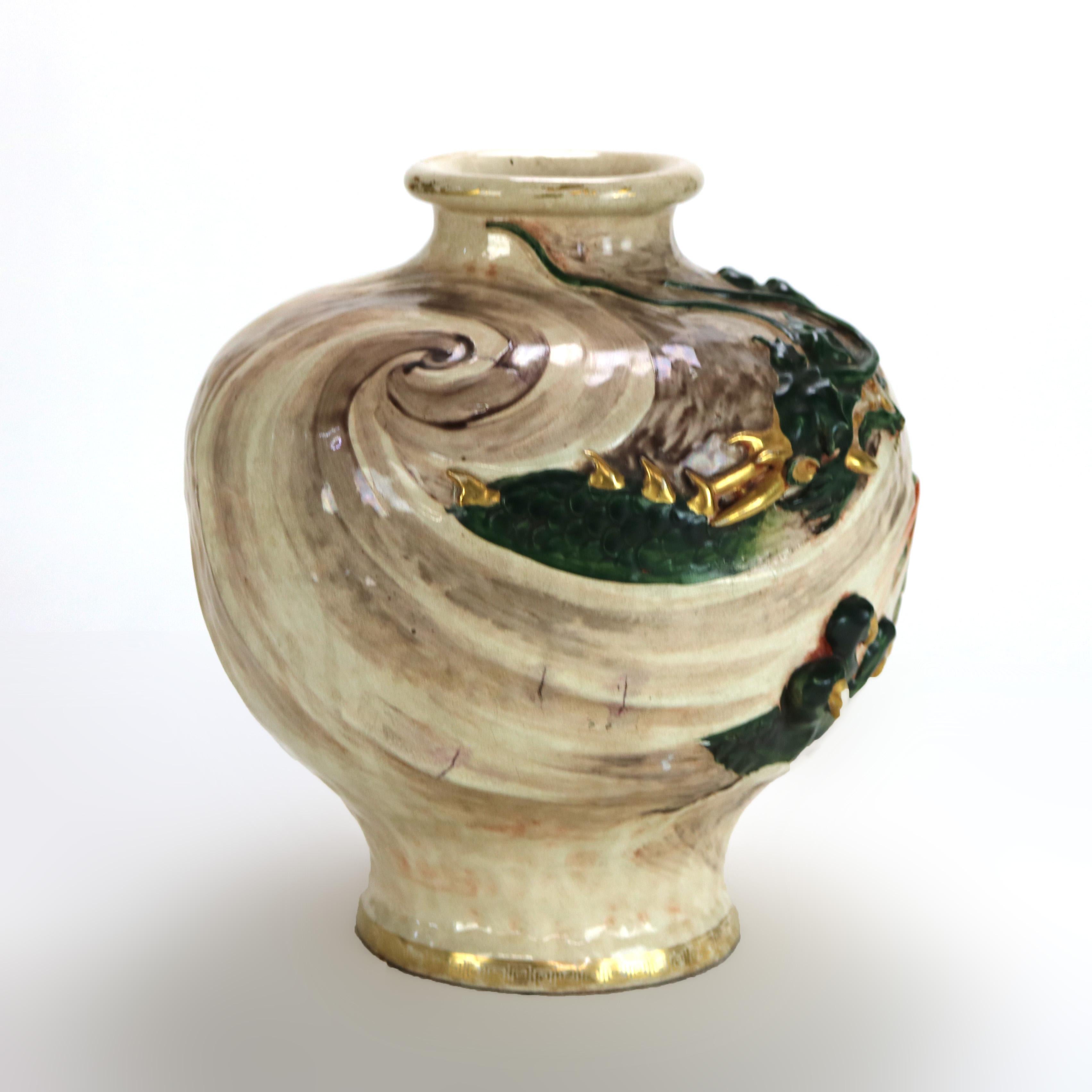 Antique Japanese Satsuma Carved in Relief Parcel Gilt Pottery Dragon Vase C1920 3