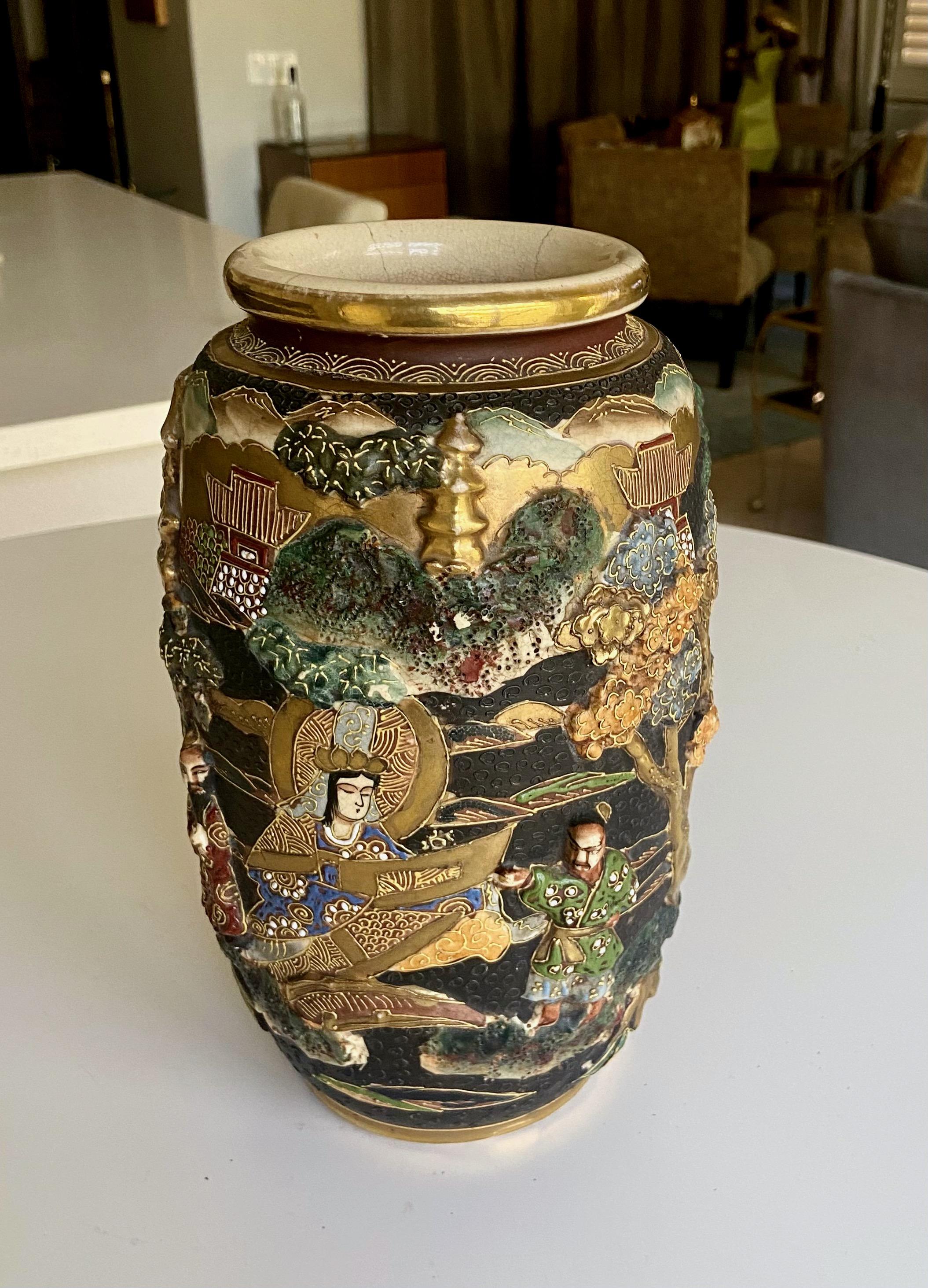 Antique Japanese Satsuma Figural Ceramic Vase  In Good Condition For Sale In Palm Springs, CA