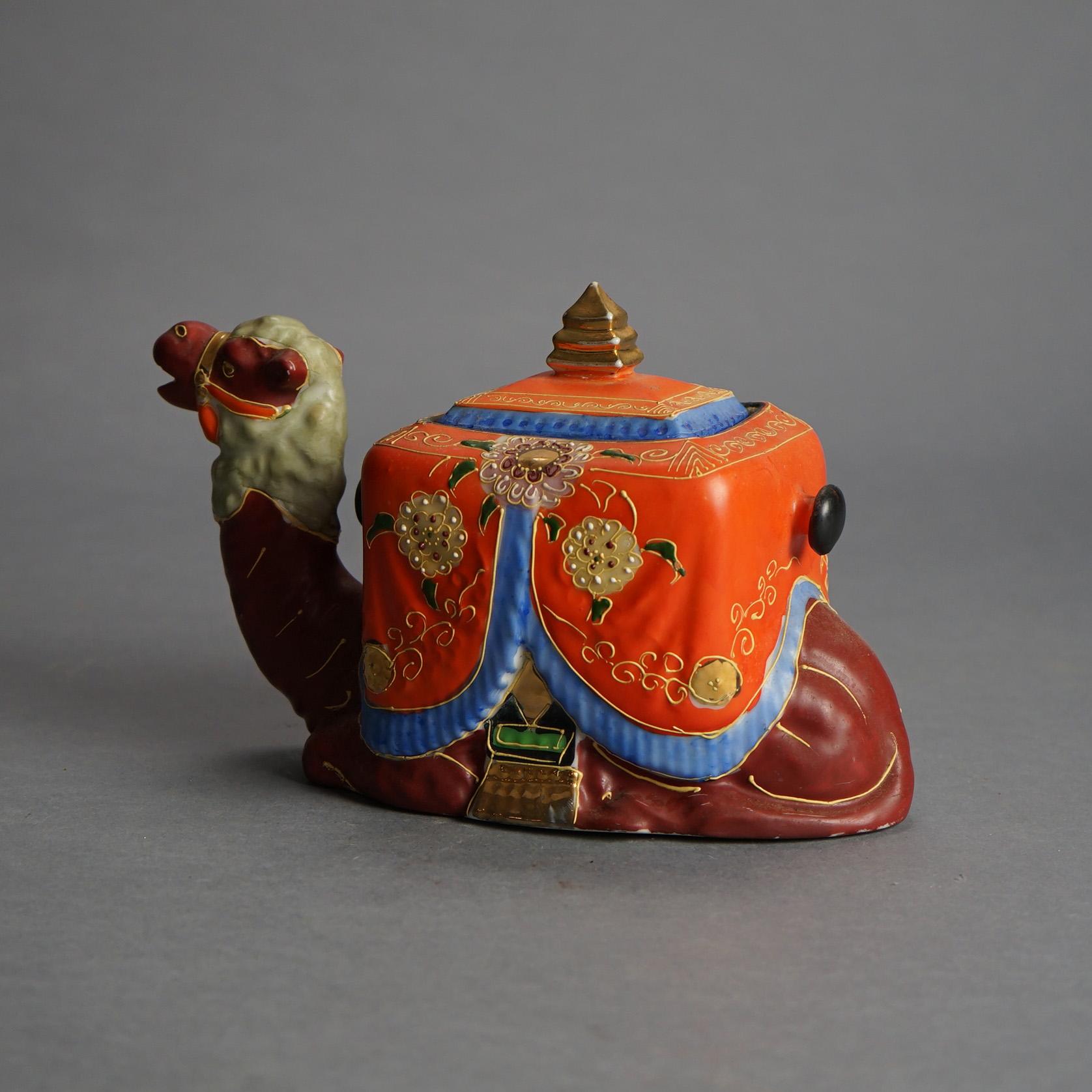 Antique Japanese Satsuma Figural Pottery Camel Lidded Jar with Gilt Highlights C1920

Measures - 5.5
