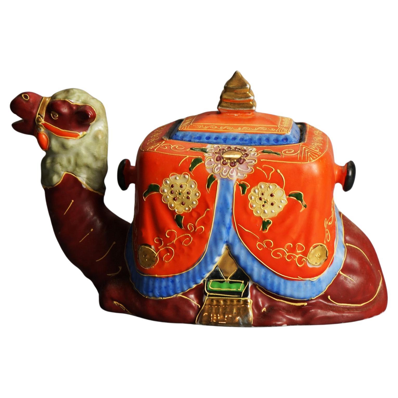 Antique Japanese Satsuma Figural Pottery Camel Jar C1920 For Sale