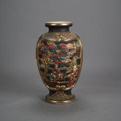 Antique Japanese Satsuma Gilt & Embossed Figural Pottery Vase C1930