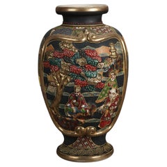 Antique Japanese Satsuma Gilt & Embossed Figural Pottery Vase C1930