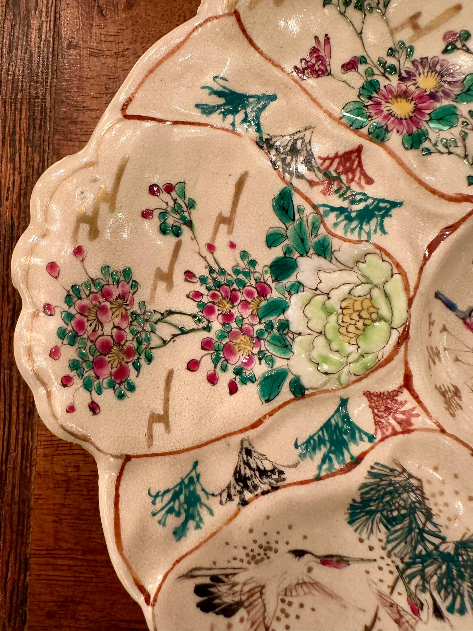 Rare Antique Japanese Satsuma Hand-Painted Detail Porcelain Oyster Plate, Circa 1890's.  An elegant multi-colored plate with very fine, very intricate hand-painted detailing throughout.  
