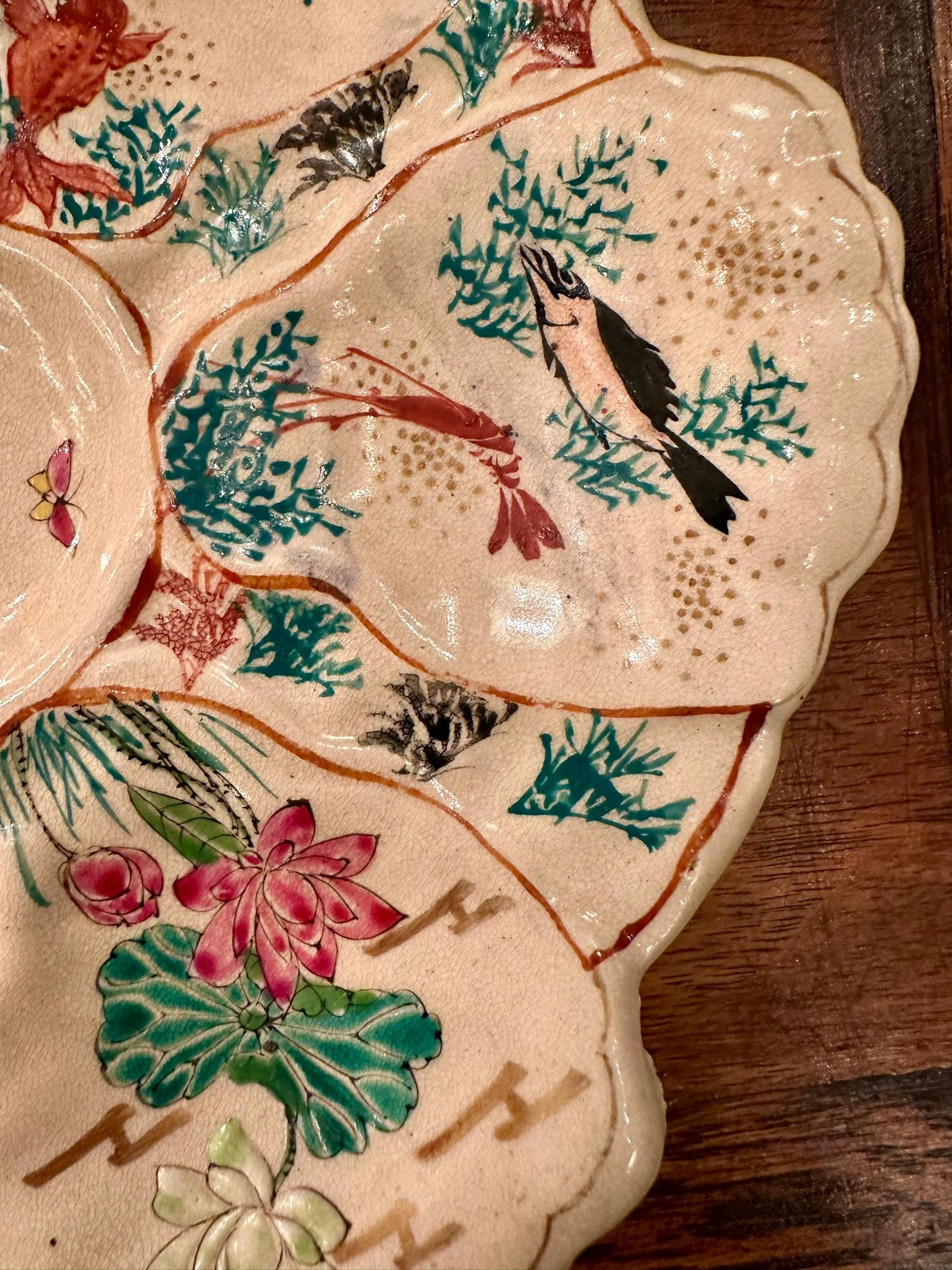 Antique Japanese Satsuma Hand-Painted Detail Porcelain Oyster Plate, Circa 1890. For Sale 1