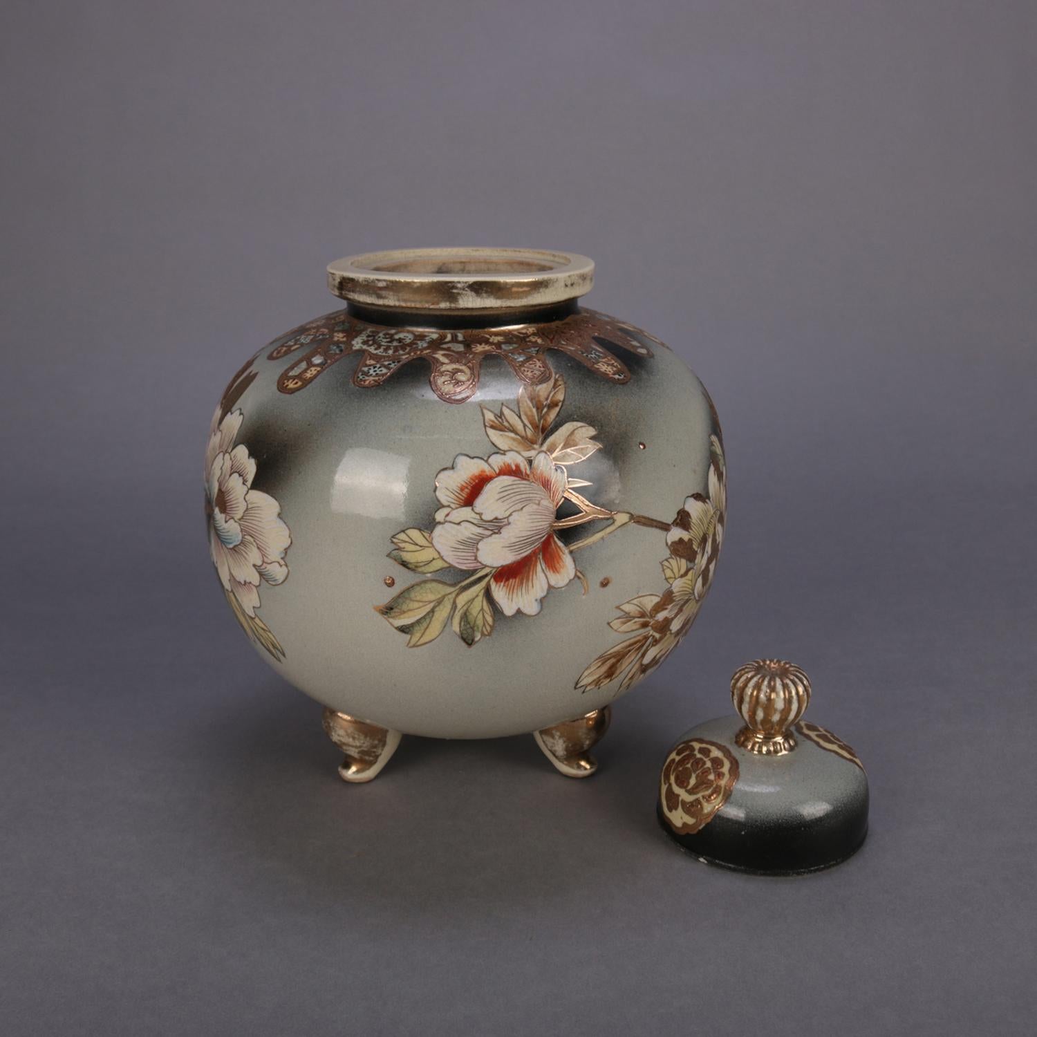 Antique Japanese Satsuma Hand Painted and Gilt Porcelain Lidded and Footed Jar In Good Condition In Big Flats, NY