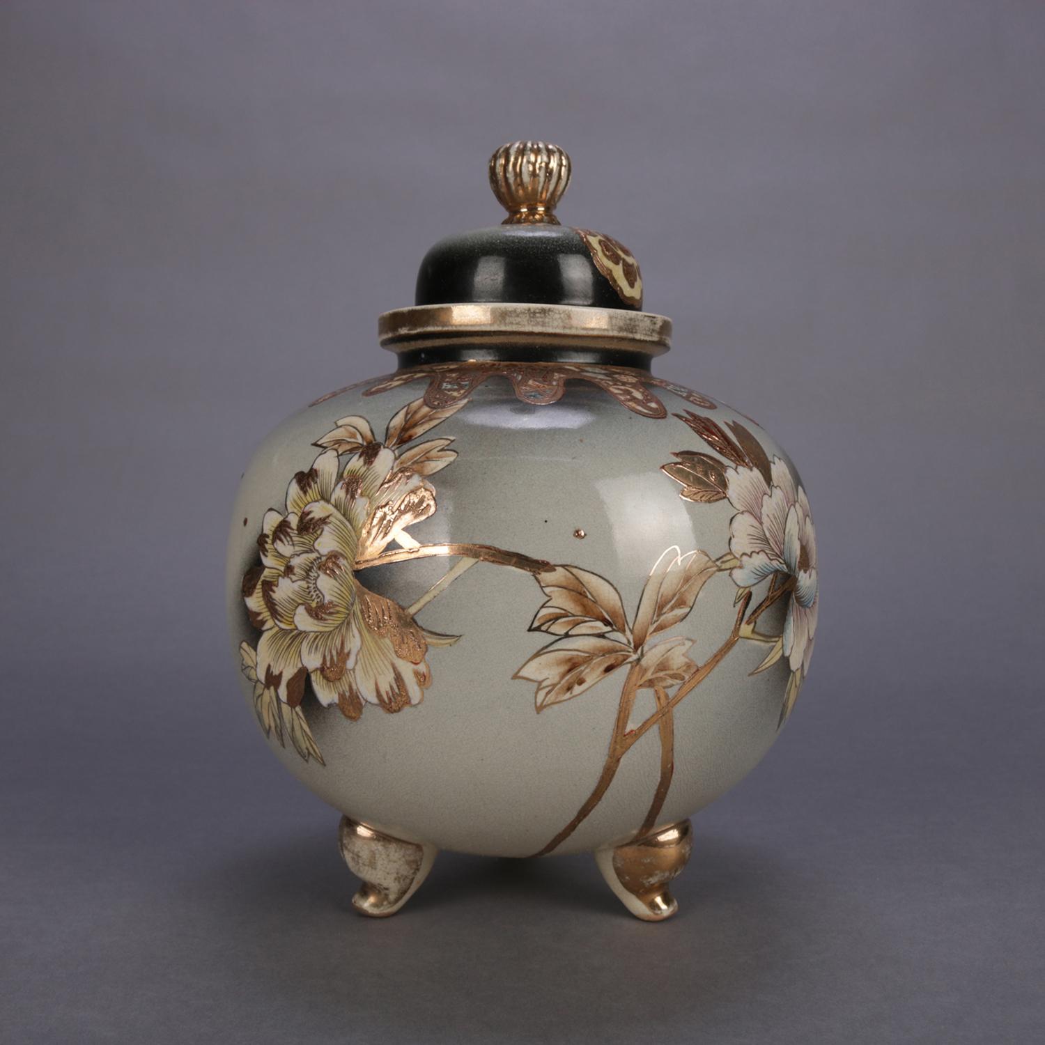 Antique Japanese Satsuma Hand Painted and Gilt Porcelain Lidded and Footed Jar 1