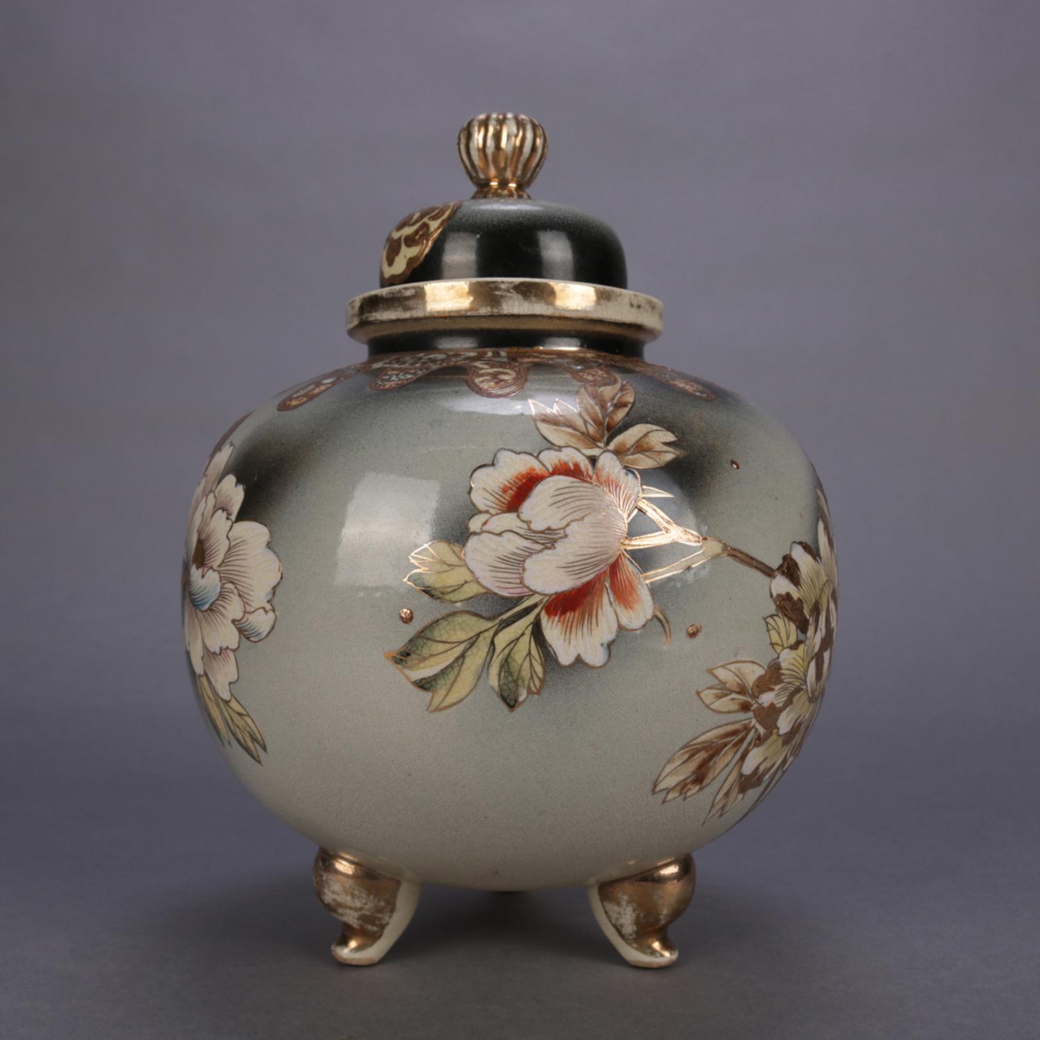 Antique Japanese Satsuma Hand Painted and Gilt Porcelain Lidded and Footed Jar 2