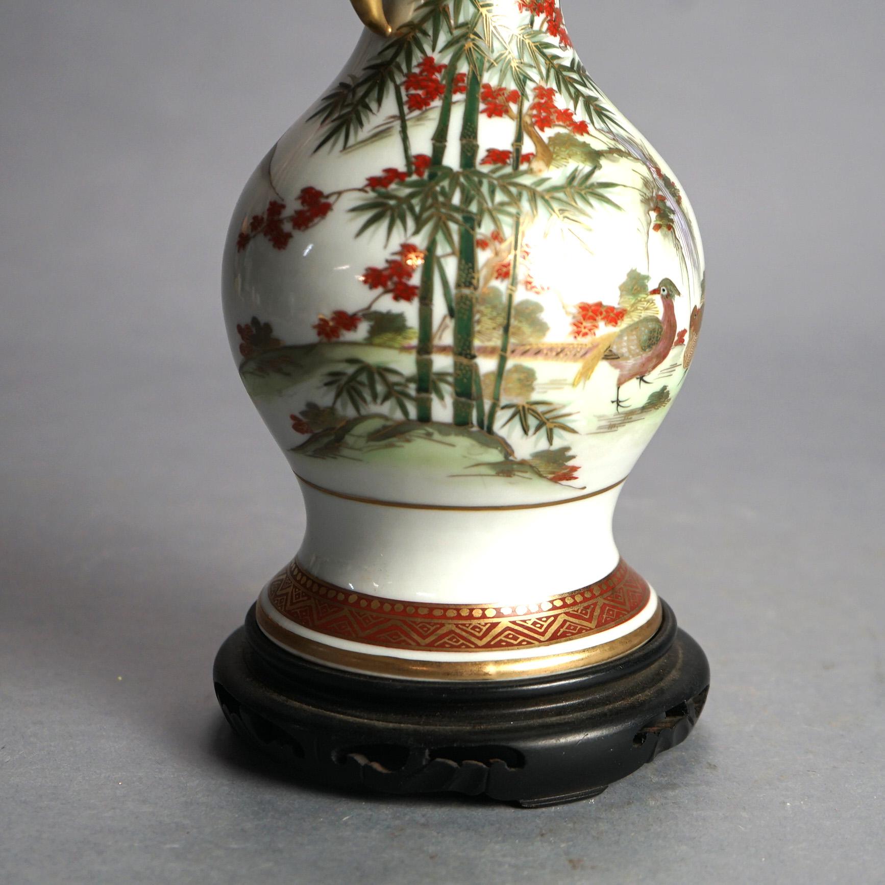 Asian Antique Japanese Satsuma Hand Painted & Gilt Porcelain Vase on Wood Stand C1920 For Sale