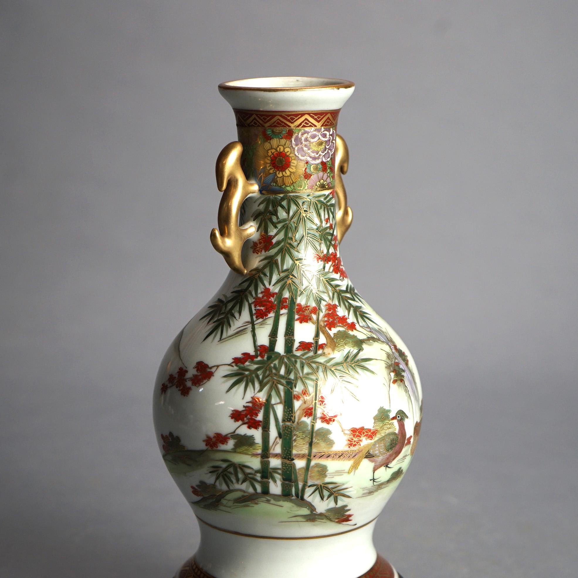 Antique Japanese Satsuma Hand Painted & Gilt Porcelain Vase on Wood Stand C1920 In Good Condition For Sale In Big Flats, NY