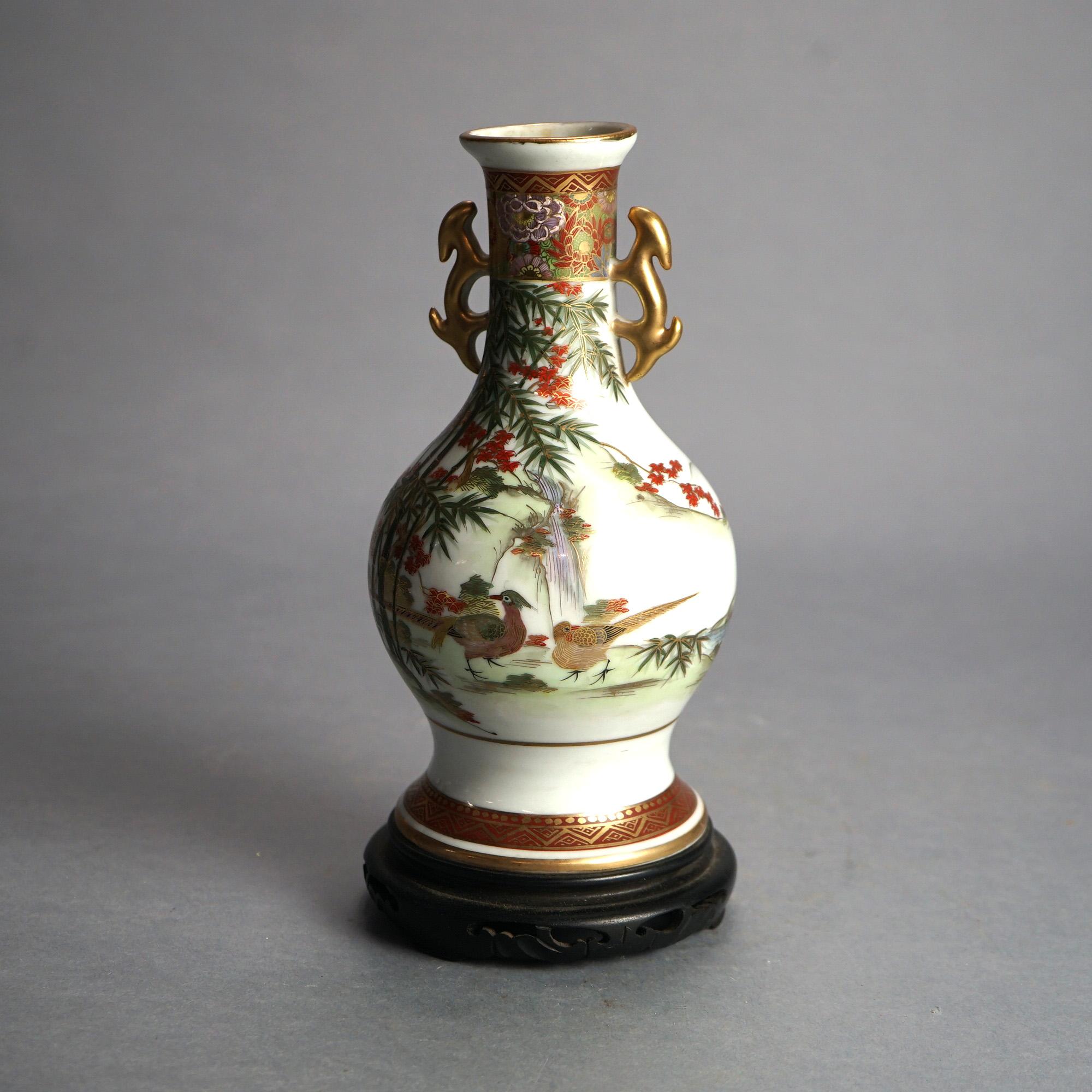 Antique Japanese Satsuma Hand Painted & Gilt Porcelain Vase on Wood Stand C1920 For Sale 1