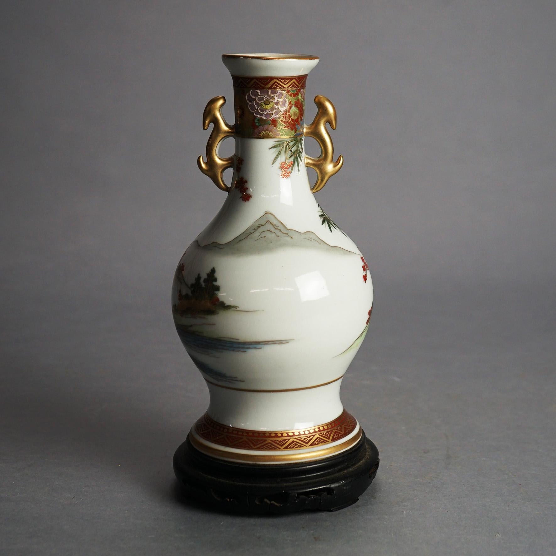 Antique Japanese Satsuma Hand Painted & Gilt Porcelain Vase on Wood Stand C1920 For Sale 2