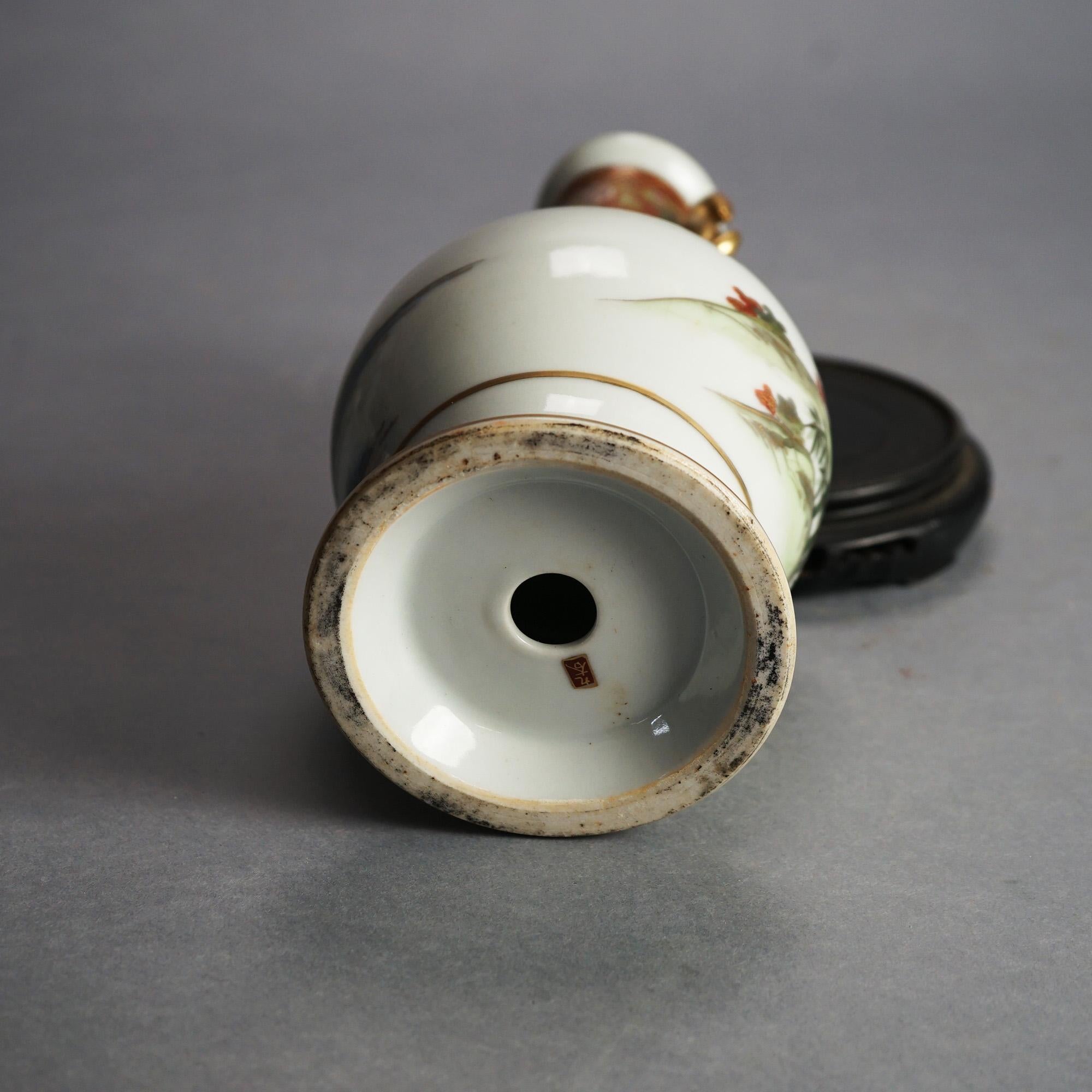 Antique Japanese Satsuma Hand Painted & Gilt Porcelain Vase on Wood Stand C1920 For Sale 3