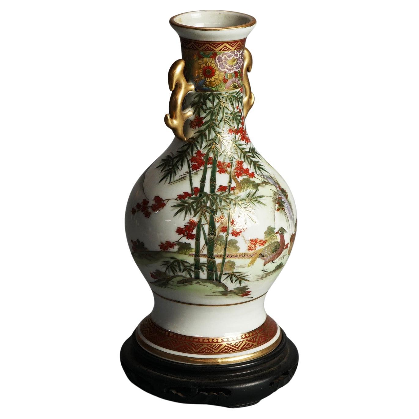 Antique Japanese Satsuma Hand Painted & Gilt Porcelain Vase on Wood Stand C1920 For Sale