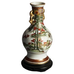 Antique Japanese Satsuma Hand Painted & Gilt Porcelain Vase on Wood Stand C1920