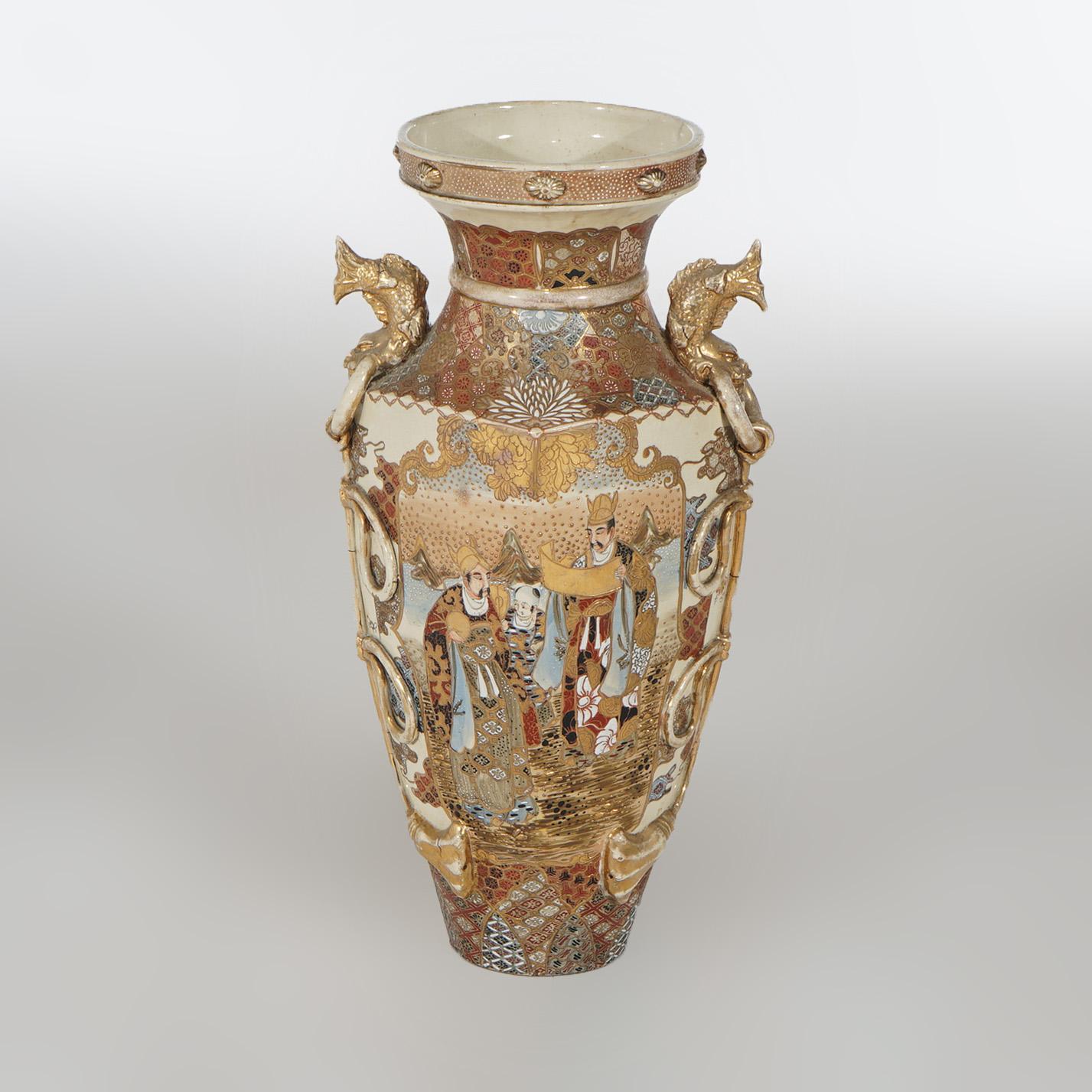 Antique Japanese Satsuma Hand Painted & Gilt Pottery Floor Vase with Fish Handles and Genre Scene C1920

Measures - 21.25