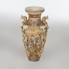 Antique Japanese Satsuma Hand Painted & Gilt Pottery Floor Vase C1920
