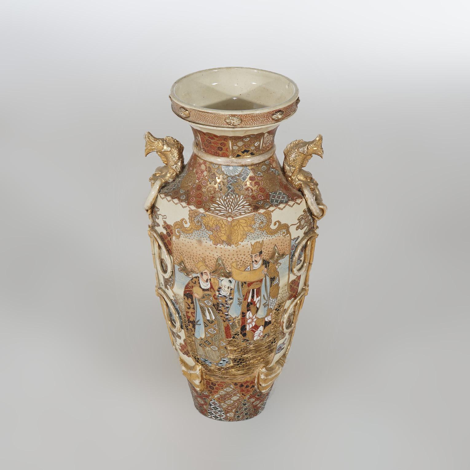 Asian Antique Japanese Satsuma Hand Painted & Gilt Pottery Floor Vase C1920