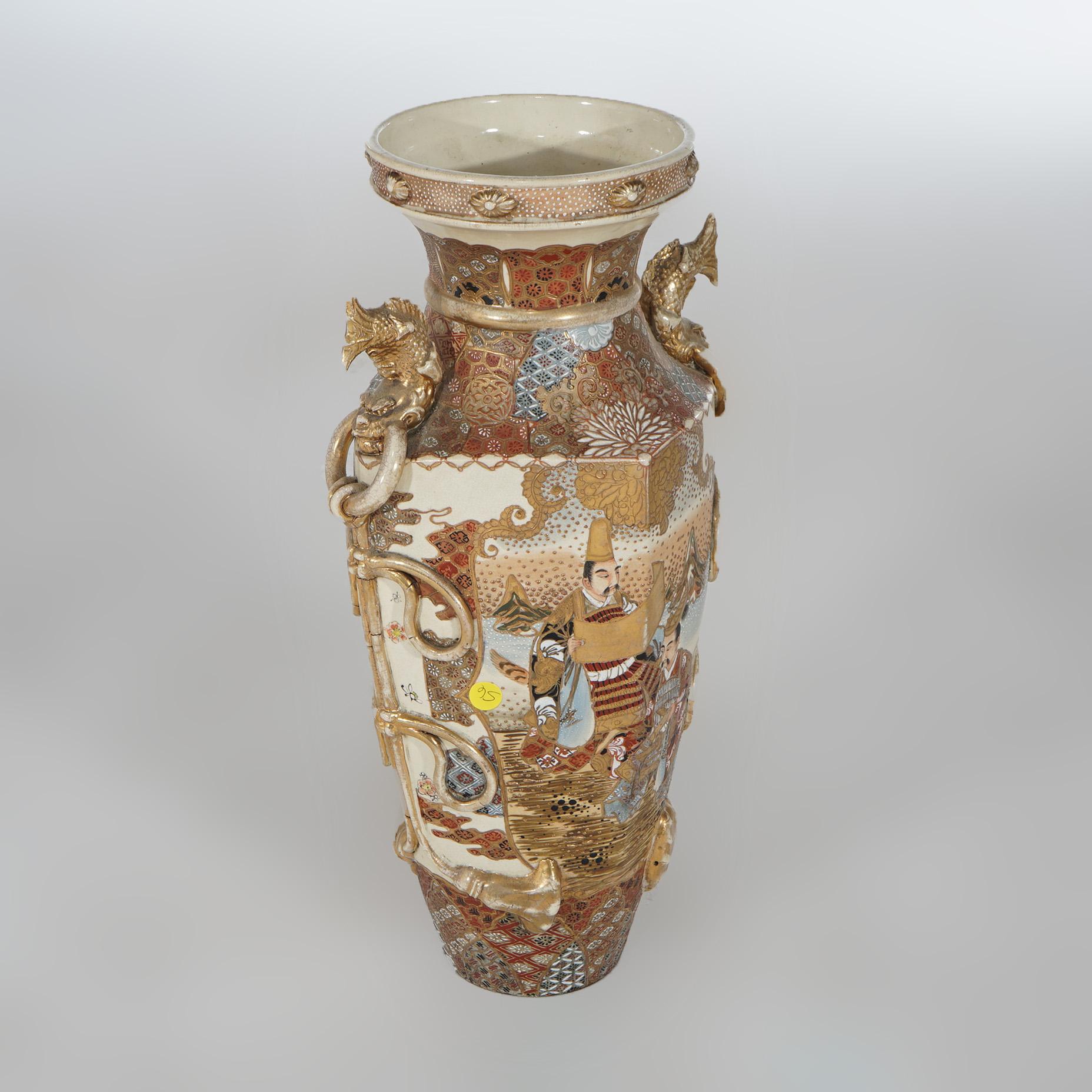 Antique Japanese Satsuma Hand Painted & Gilt Pottery Floor Vase C1920 In Good Condition In Big Flats, NY