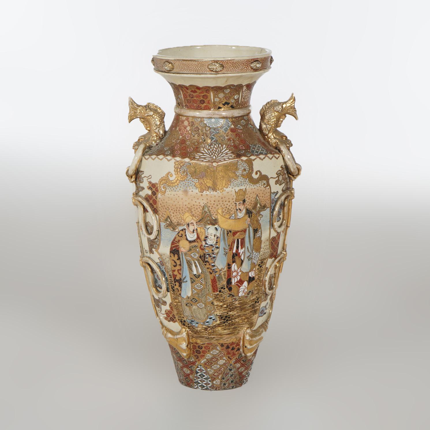 20th Century Antique Japanese Satsuma Hand Painted & Gilt Pottery Floor Vase C1920
