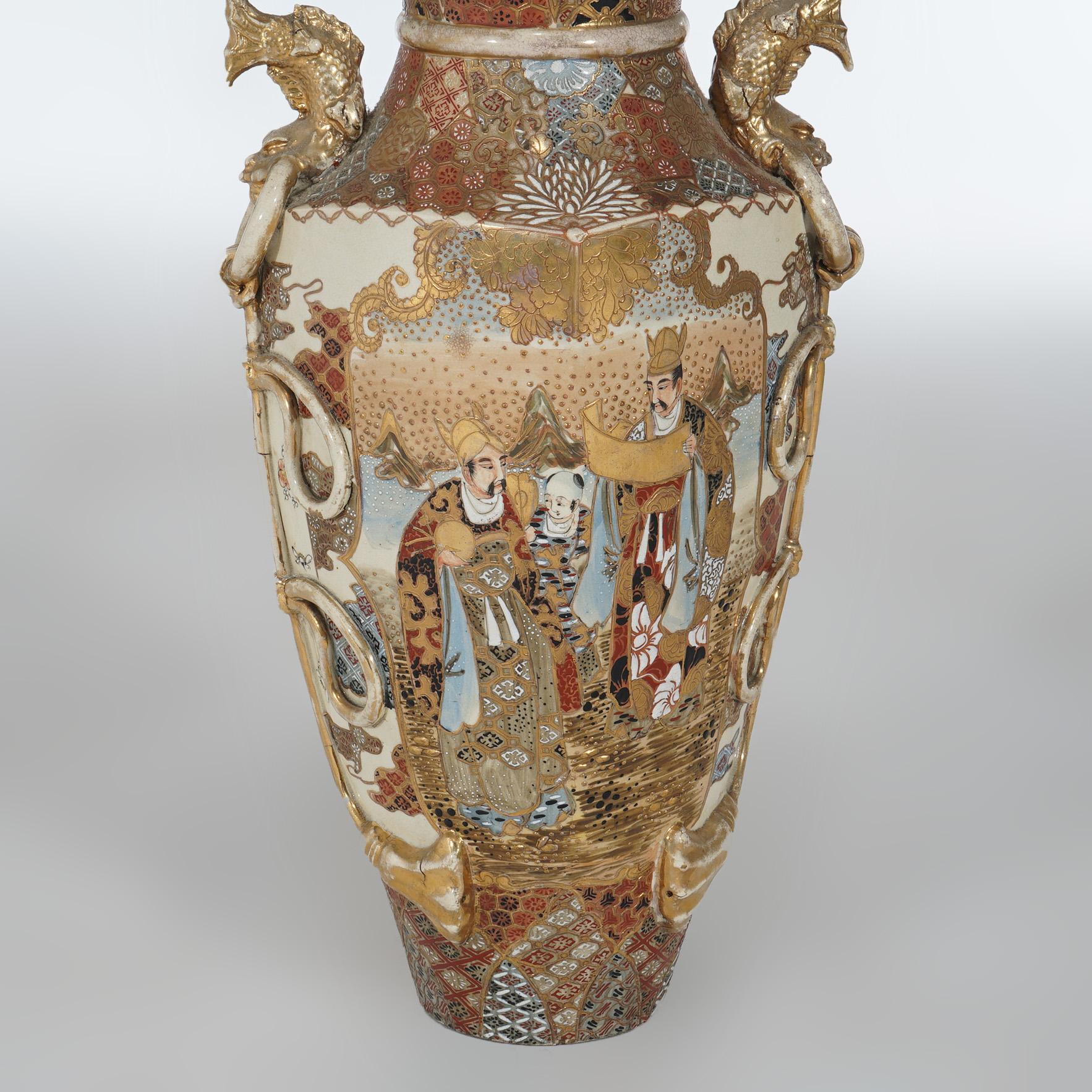 Antique Japanese Satsuma Hand Painted & Gilt Pottery Floor Vase C1920 1