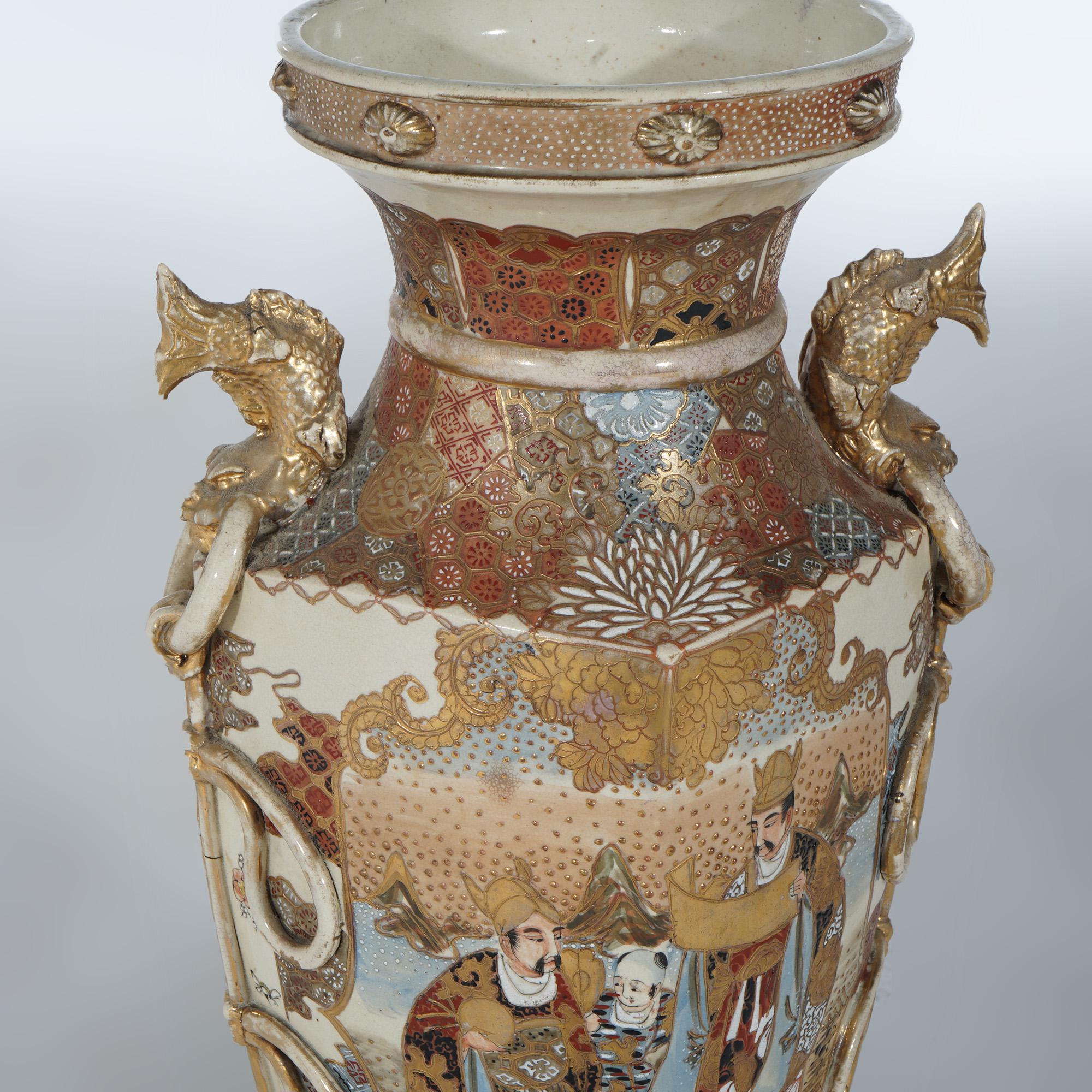 Antique Japanese Satsuma Hand Painted & Gilt Pottery Floor Vase C1920 4