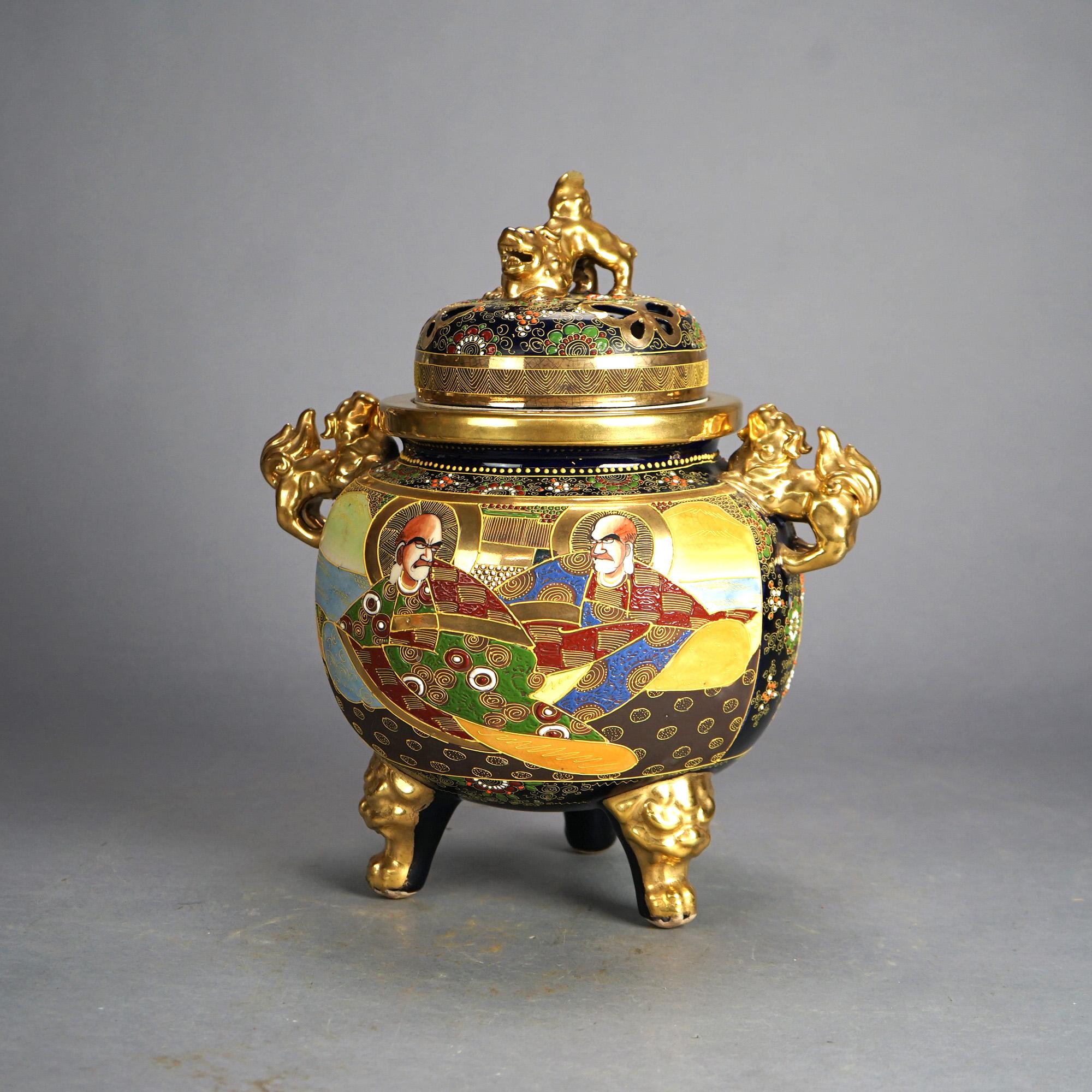 Asian Antique Japanese Satsuma Hand Painted Porcelain Figural & Footed Censer c1930