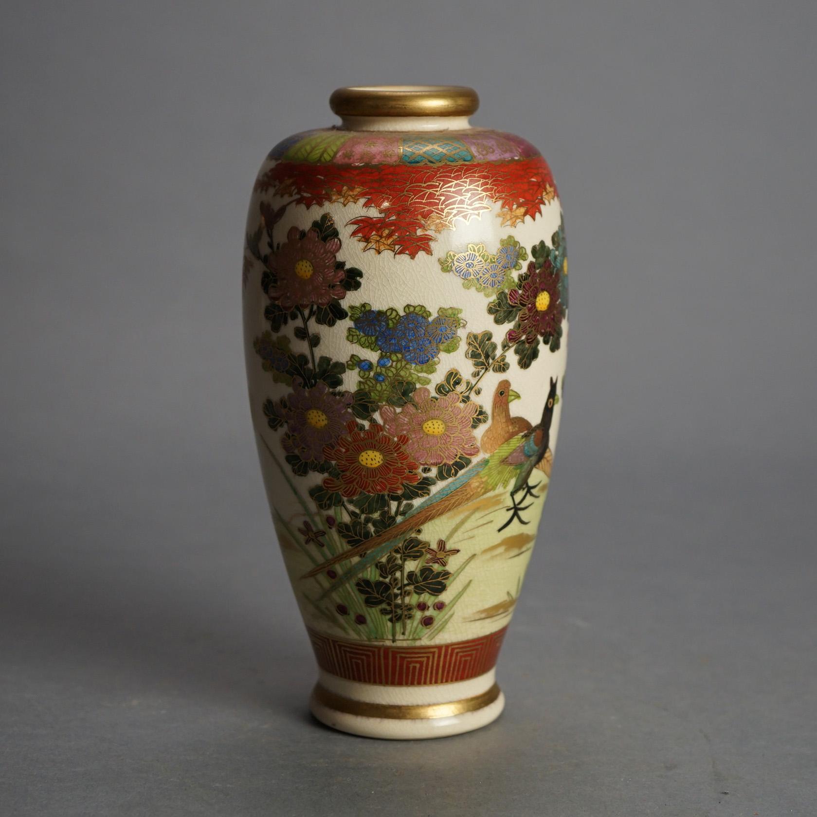 Antique Japanese Satsuma Hand Painted & Gilt Pottery Vase with Garden Flowers & Birds C1920

Measures - 8.75