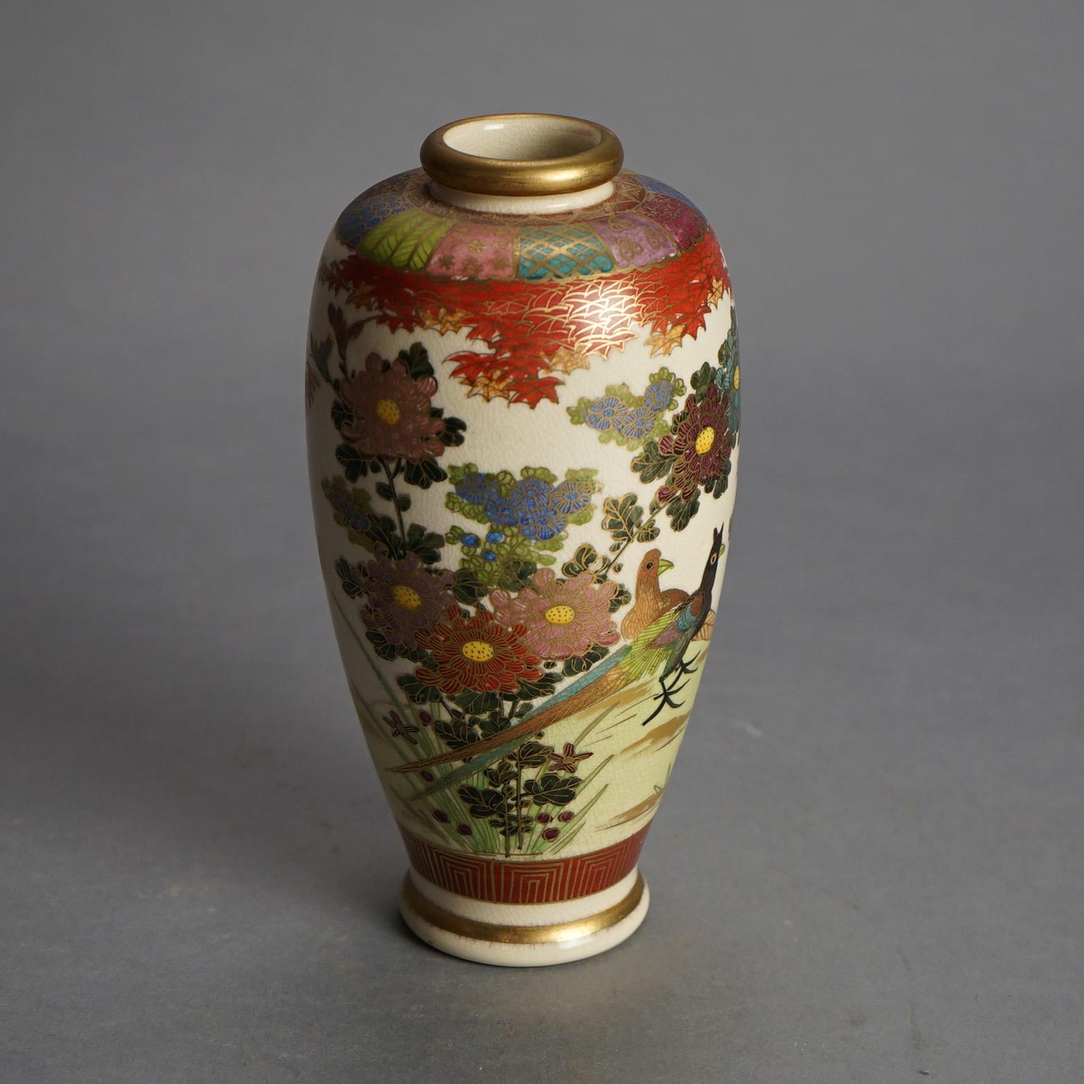 Asian Antique Japanese Satsuma Hand Painted Pottery Vase with Flowers & Birds C1920 For Sale