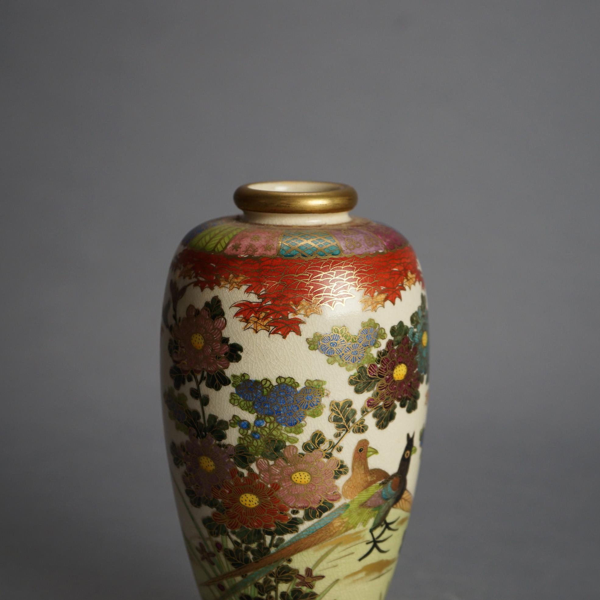 Gilt Antique Japanese Satsuma Hand Painted Pottery Vase with Flowers & Birds C1920 For Sale